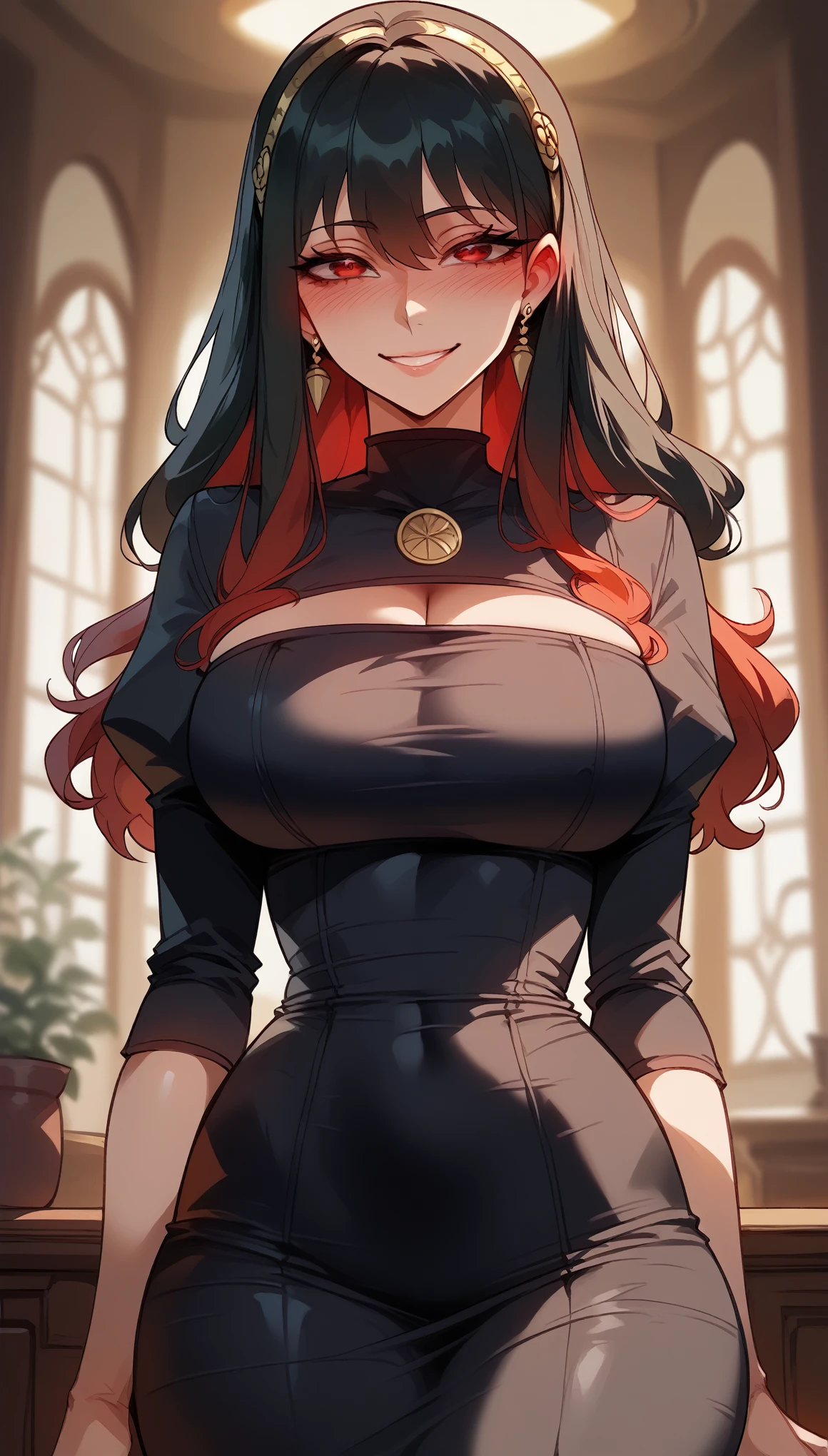 black hair、long and straight hair、red eyes、Spy x Family、Yor Forger、mature woman、shiny hair、(big breasts),tight waist、thin waist、shiny skin、black dress、Beleza、erotic、smile、blushed,