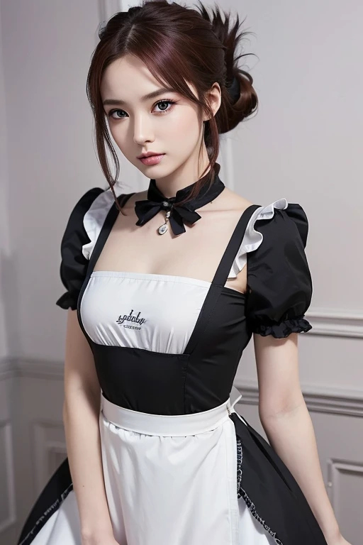 masterpiece,(Best Quality, Genuine,Detailed face:1.3),(One Girl,Alone:1.3),Beautiful detailed eyes,  apron, gradient_background, gradient, Maid, Purple eyes,red hair,Small breasts,, break, enMaided, white_apron, black_dress,  ponytail, black_shoes, Frilled_apron, dress, Maid_apron, replace_hair,very long hair, _ ponytail, halo 