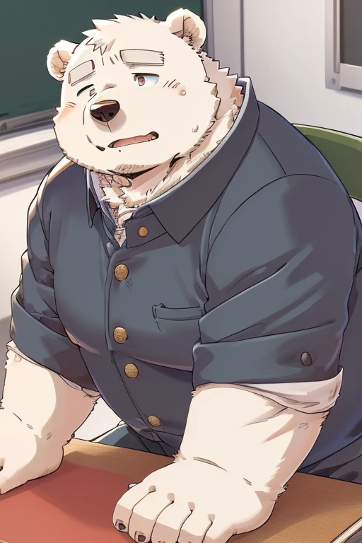 Gained weight、Being overweight、Bear Beast Man、 Brown Eyes 、Polar bear、fur、Fluffy、cute(student、Short、Black clothes、Wearing gakuran）(School classroom background、Desk and chair、Sit on a chair、Lean forward on a desk、 while feeling sleepy）