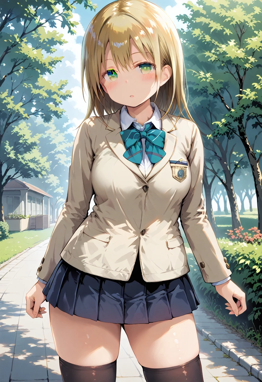 score_9, score_8_up, score_7_up, 1girl, solo, FujisakaLP, (split eyes), scenery, (big breasts:0.8). (wide thighs:1.1), (wide hips:1.1), (mature woman:1.1), (detailed eyes), Immerse yourself in the elegance and sophistication of a beautiful blonde girl with captivating sparkling green eyes. and Octane rendering in 8K resolution to create a hyper portrayal of her detailed face. The intricate sharp details and smooth rendering style, combined with cinematic studio de lighting, will make this artwork a true masterpiece. Be prepared to make a splash on ArtStation as it becomes a trendsetter in the digital art community, standing, dark green school uniform, beige sweater, school uniform, blazer, dark green mini skirt, dark green pleated skirt, black thighhighs