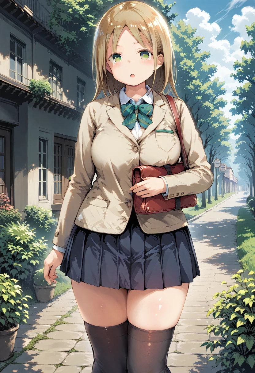 masterpiece,best quality,highres,ultra-detailed,aapekoe,short hair,braid,hair bow,black bow,parted bangs,st. gloriana's school uniform,sweater,blue sweater,black necktie,shirt,long sleeves,blue skirt,pantyhose,black pantyhose,loafers,black footwear,<lora:orange_pekoe:0.7>,(skirt lift:1.2),(pants over pantyhose:1.2),(blush:1.2),(embarrass:1.4),outdoors,garden,lace-trimmed panties,