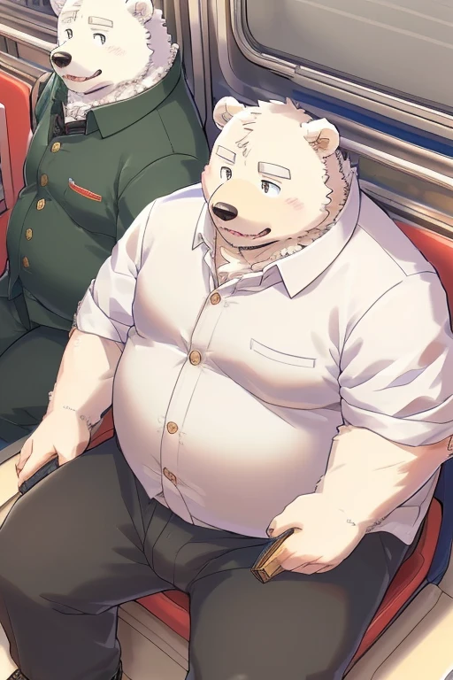 Gained weight、Being overweight、Bear Beast Man、Gained weight顔、 Brown Eyes 、Polar bear、fur、Fluffy、cute(student、Short、Black clothes、Wearing gakuran、Black trousers、School uniform、）(Take the commuter train、Fully booked、There are a lot of people、sit in a train seat)