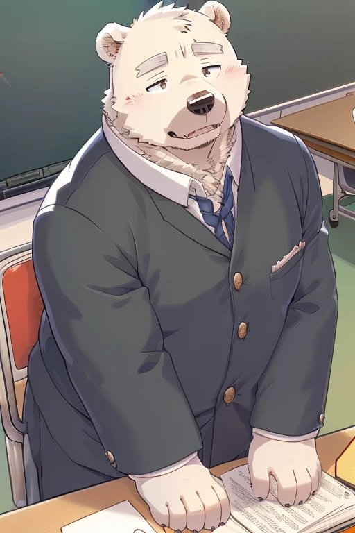 Gained weight、Being overweight、Bear Beast Man、 Brown Eyes 、Polar bear、fur、Fluffy、cute(student、Short、Black clothes、Wearing gakuran）(School classroom background、Desk and chair、Sit on a chair、Lean forward on a desk、 while feeling sleepy）