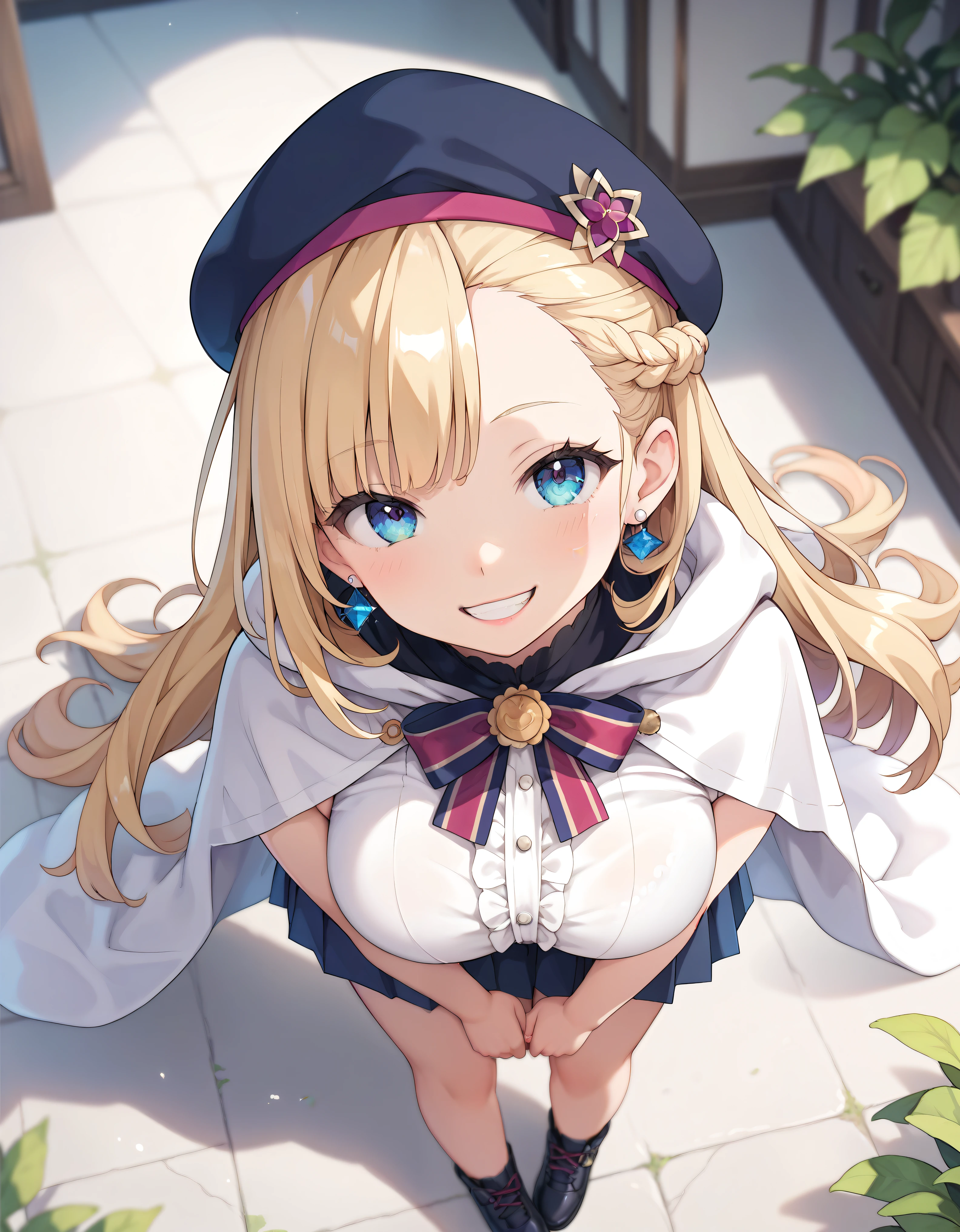 ((Ultra HD)), ((Super detailed)), ((Best Quality)), Blonde long hair, Asymmetrical bangs, KAWAII, happy smile, Big Breasts, breasts focus, Beret, Pleated mini skirt with lace, White Wizard, (baggy cloak), looking at viewer, from above, (leaning forward:1.2), on grassland, (((Complete Hand))), amazing digital painting, ((depth of field, blurred background)), (anime moe art style),