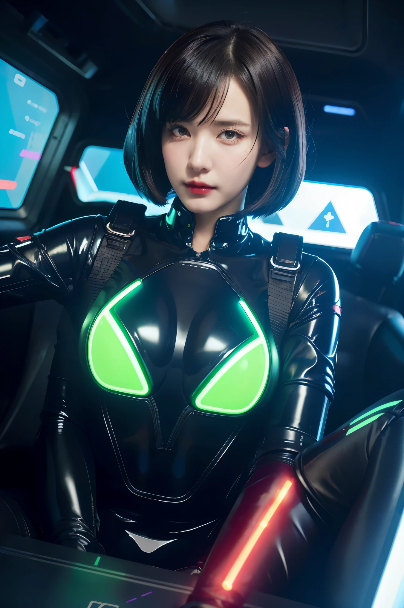 gundamwingcockpit, futuristic, scifi, plugsuit, transparent latex, goth, dark lips, large breasts, solo, black hair, gloves, g0thicPXL, dutch angle, smirk, controls, joystick, holographic interface, technology, close up, glowing, neon