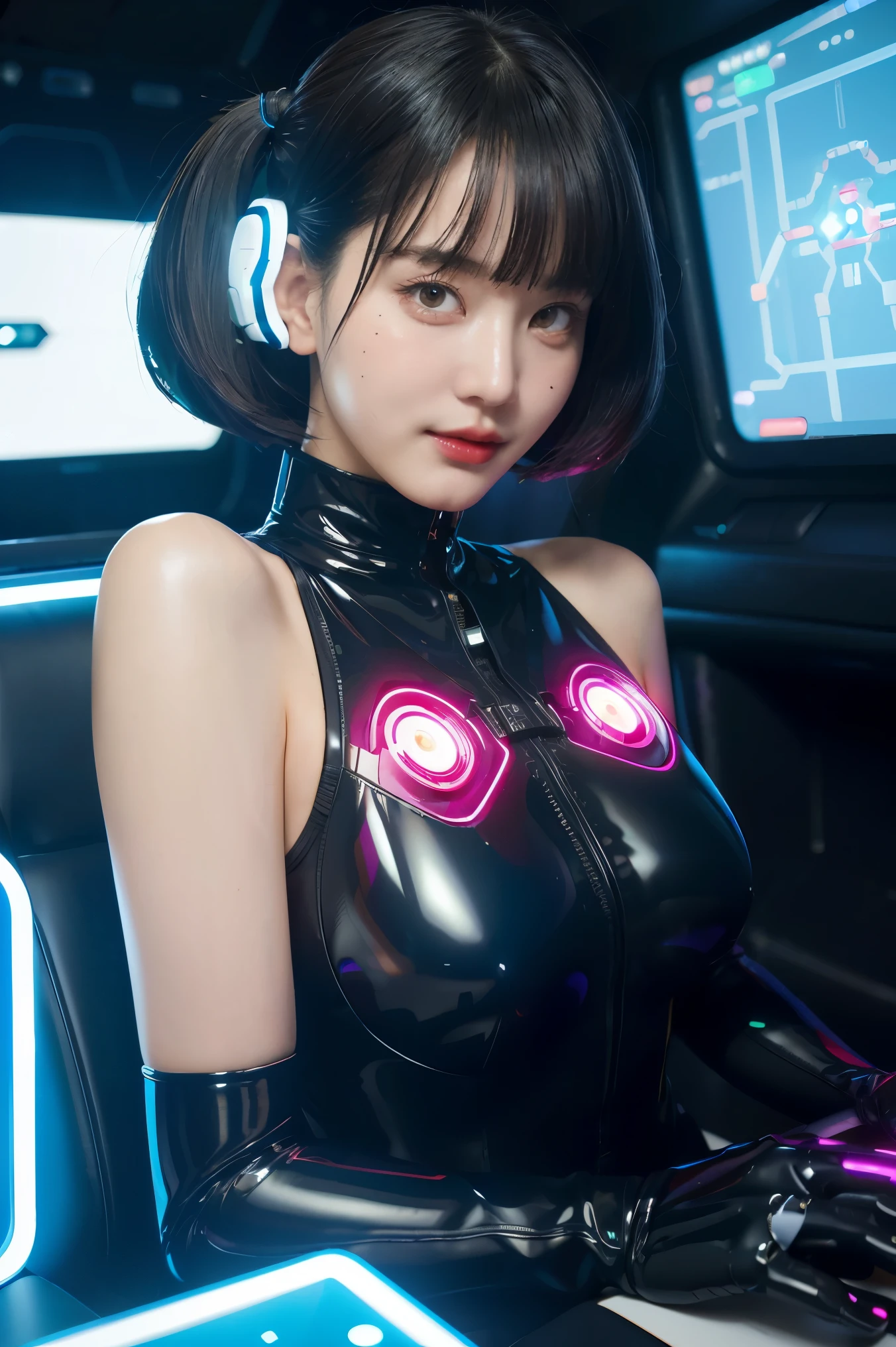 gundamwingcockpit, futuristic, scifi, plugsuit, transparent latex, goth, dark lips, large breasts, solo, black hair, gloves, g0thicPXL, dutch angle, smirk, controls, joystick, holographic interface, technology, close up, glowing, neon