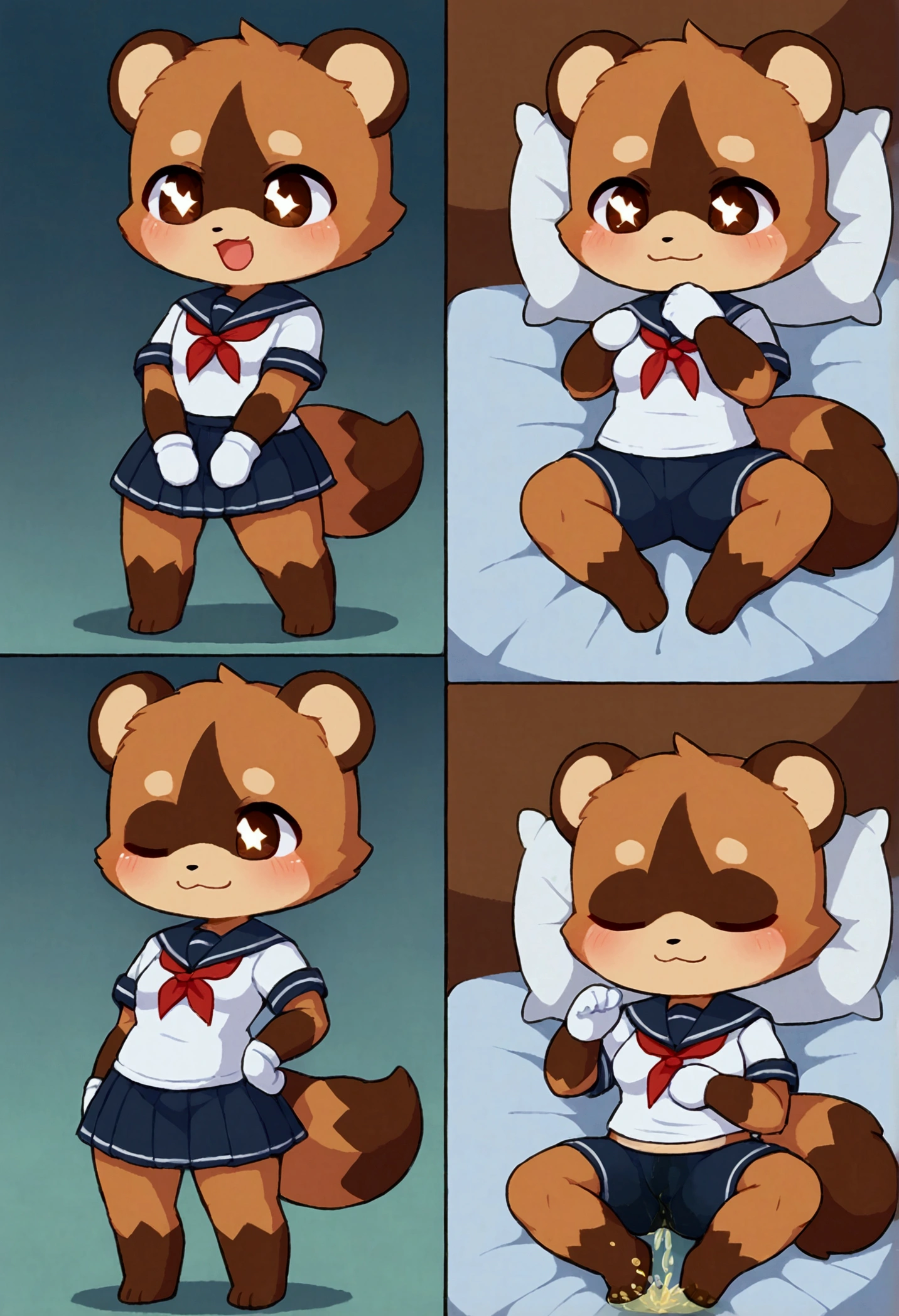 boy, squirrel, furry, bodyfur, tail, collar, bra, bottomless, gloves, boots, chibi, sparkling eyes, idol, hair bow, happy, full body, diapers, bed, bulge, lying, reading comic