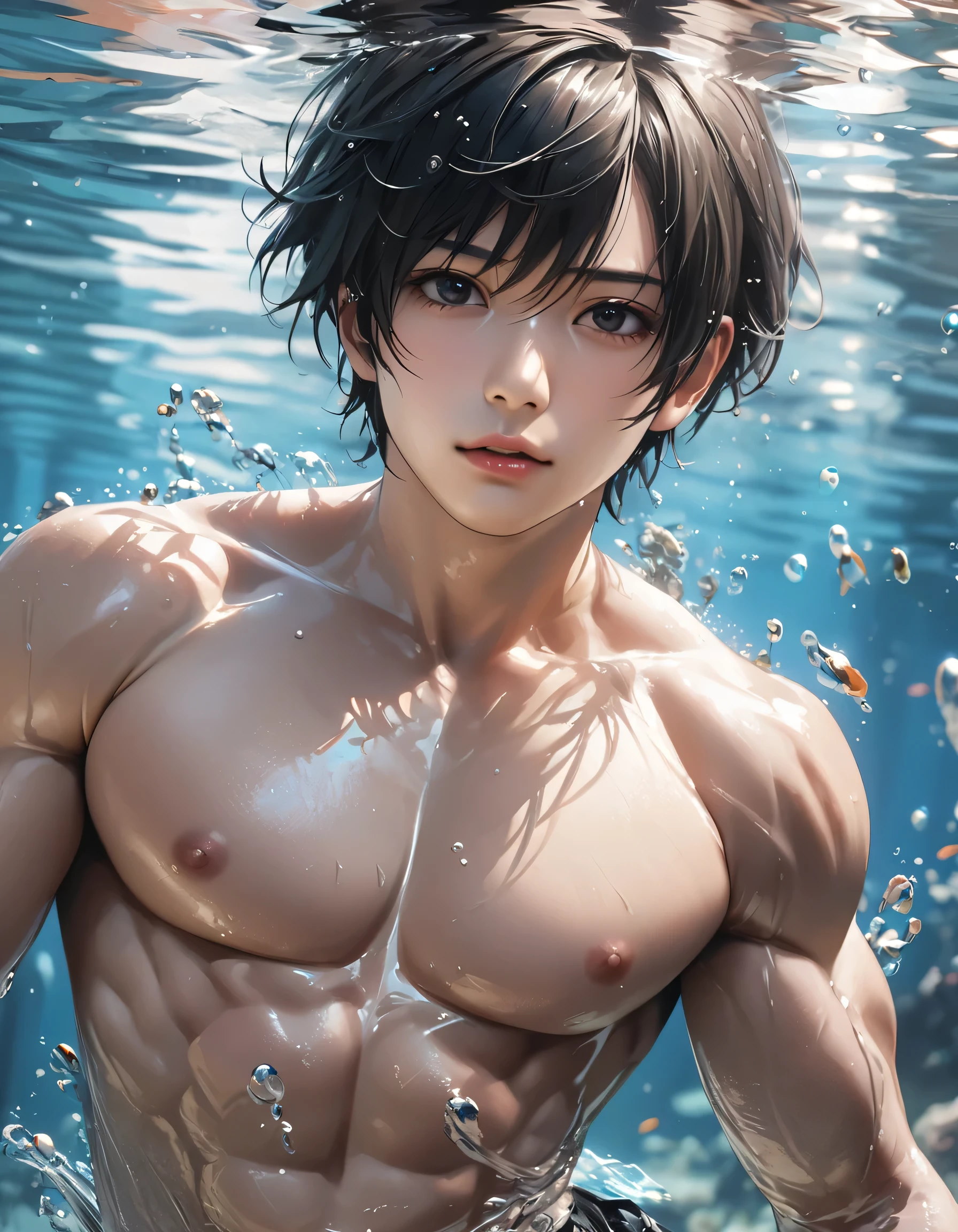 high quality, detailed, ( japanese idol wrestler boy), (detailed black eyes), (black short hair), (muscle:1.5), (shiny skin:1.4), black tiny thong, bulge,(detailed nipples), hotel pool (best quality,4k,8k,highres,masterpiece:1.2), (face close up:0.7),(realistic,photorealistic,photo-realistic:1.37),(wet),