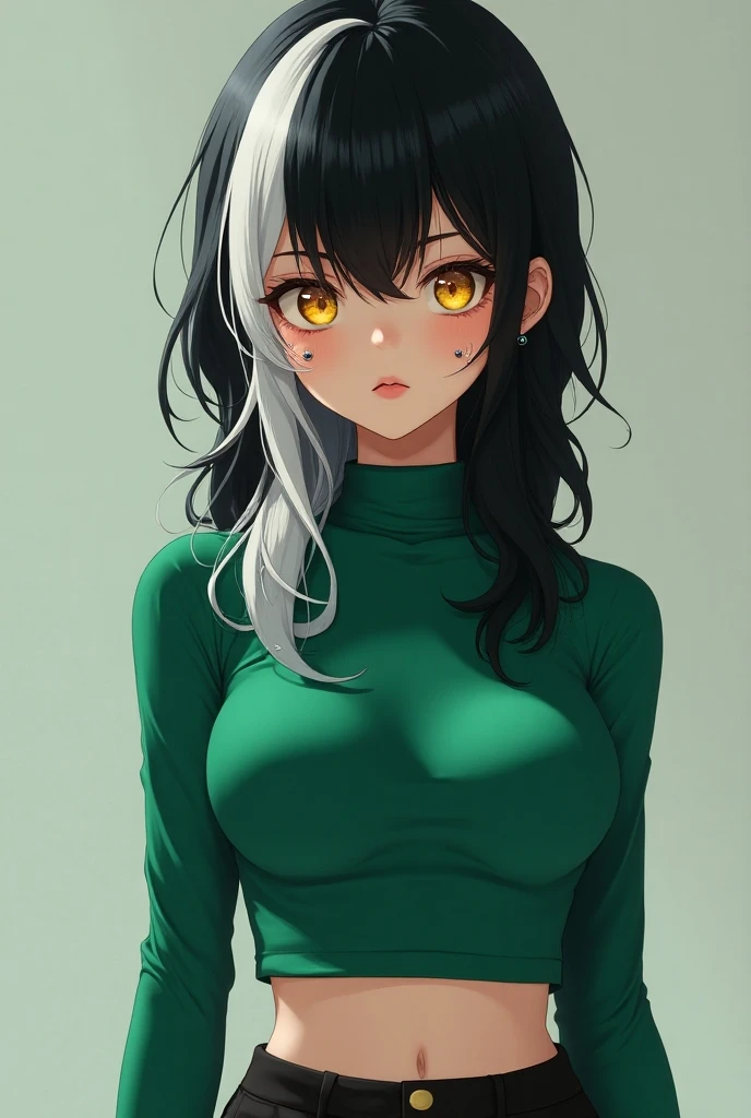 masterpiece, best quality, absurdres, perfect anatomy, 1girl, solo, ShioriNovella, split-color hair, hair ornament, t-shirt, short sleeves, green shirt, collarbone, upper body, smile, thick eyelashes, mascara, make-up, (glowing eyes), arms behind back, simple background, <lora:CHAR-ShioriNovella_v1.0:0.8>