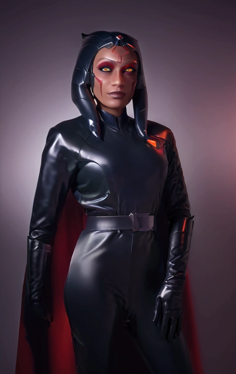 Aahsoka and (((((glowing red eyes))))) sits confidently on a modern-looking chair. She is dressed in a white latex military uniform that includes a rank plate with 6 blue squares on the top and 6 red squares on the bottom. She is wearing a black cape that falls over one of her shoulders. Her expression is serious but relaxed, with a slight smile. The . The lighting is dim, with lights in red and blue tones that highlight hegure, especially her face. She is wearing black gloves and tall boots, with one leg crossed over the other. The scene conveys authority and power, set in a futuristic or space environment, probably inside a ship or station. Everything is depicted in a comic-like drawing style, with bold lines and vibrant colors that reflect a typical comic book aesthetic.
