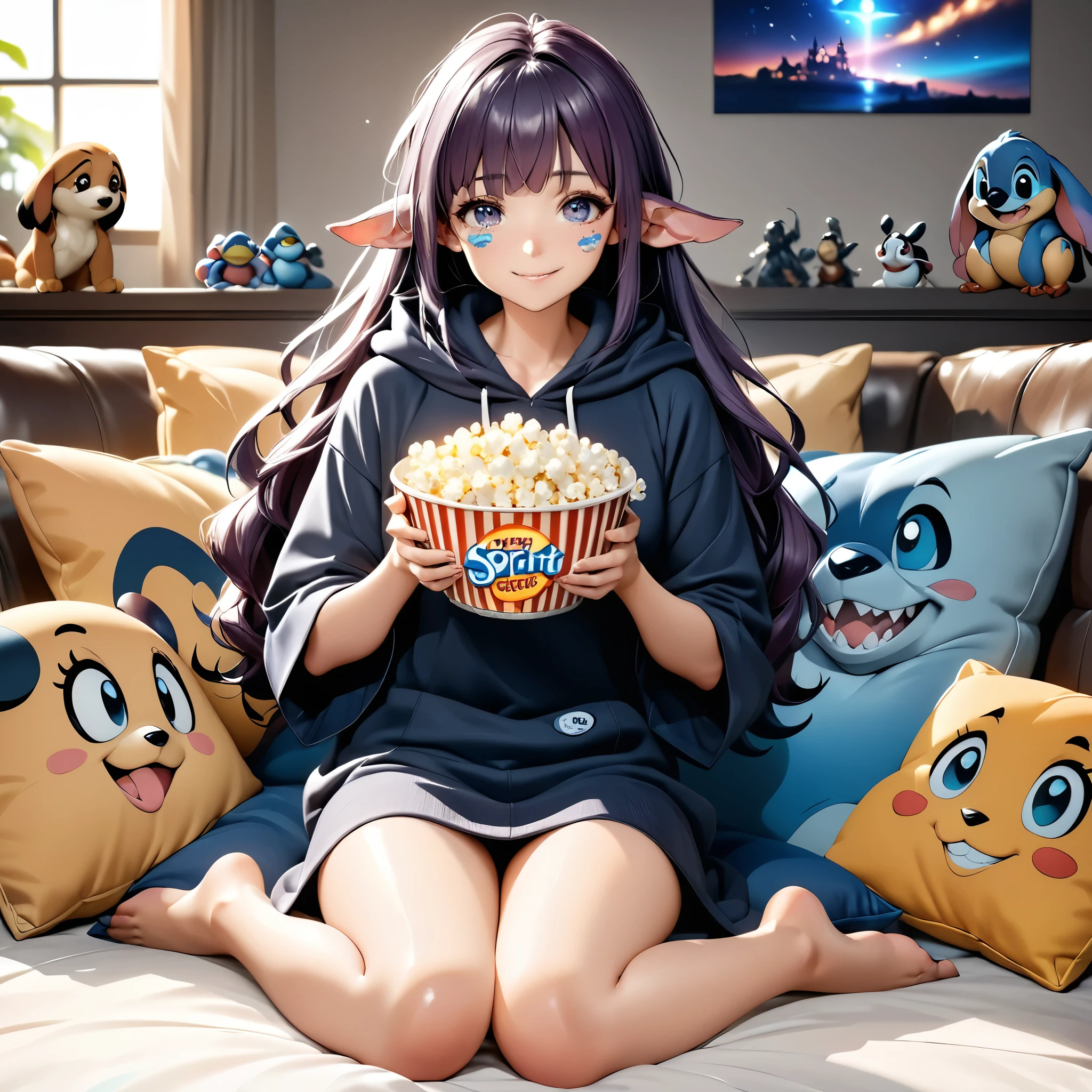 Masterpiece, 4k, HDR, full HD, (best quality), (ultra detailed), (only), (extremely delicate and beautiful fabric), super complex ANIME TYPE, best quality, 1girl, very expressive eyes, deep purple hair , hyper beautiful face, purple hair, perfect anatomy, shiny, oily skin, full body, alone (shiny purple hair, long hair), looking at viewer, bright blue eyes, perfect hands, perfect legs, super detailed clothes, intricate clothes,
Imagine a young pop culture enthusiast, dressed in a soft and colorful kigurumi of the famous character Stitch from 'Lilo & Stitch'. The girl has long, messy hair, highlighting her relaxed and fun style. Her kigurumi is bright blue with big ears and a Stitch face on the hood. She is in a cozy environment, full of cushions and colored lights, smiling while holding a bowl of popcorn. Around her, there are Disney movie posters and collectible toys. Capture the essence of their happiness, the playful spirit of the kigurumi and the connection with geek culture, highlighting the details of the garment and the joyful atmosphere.