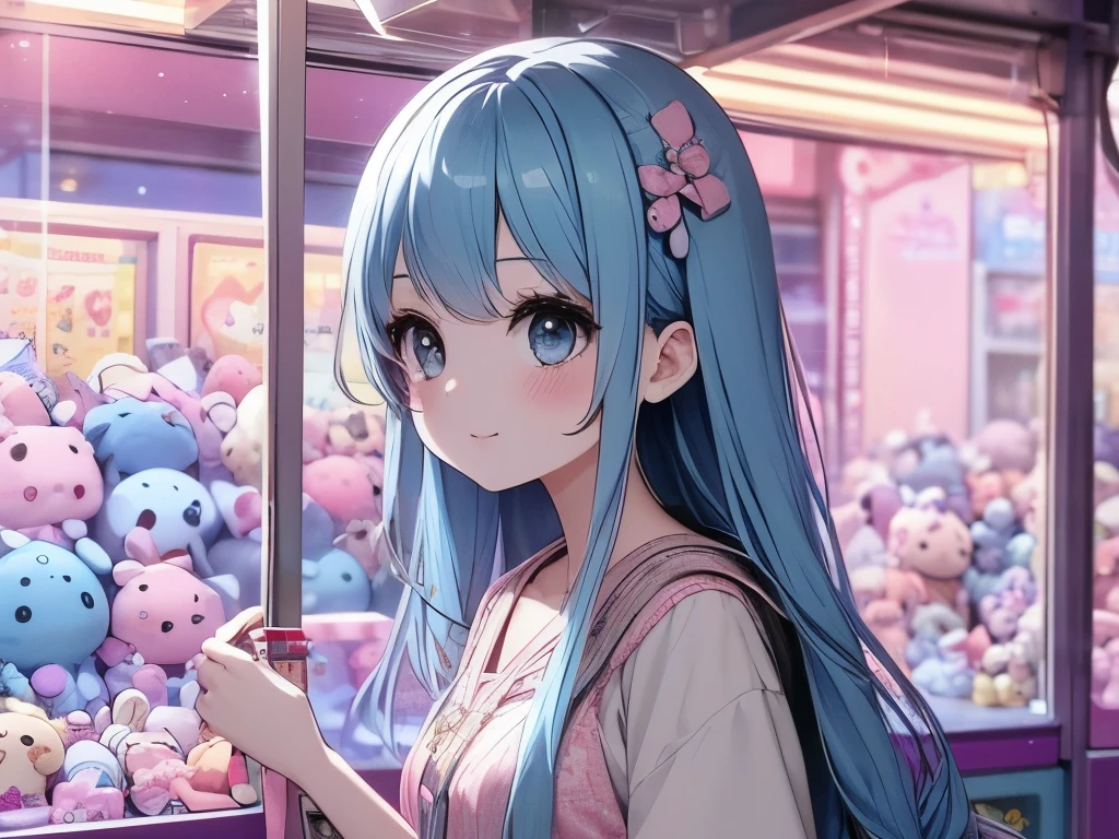 Crane games、 operating a stick in front of lots of stuffed animals、smile、 long light blue hair 、Twin-tailed Girl, Cute Costumes、Cute realistic portrait,, change, Cute, colorful and adorable ,  cute girl , Cute artwork, 