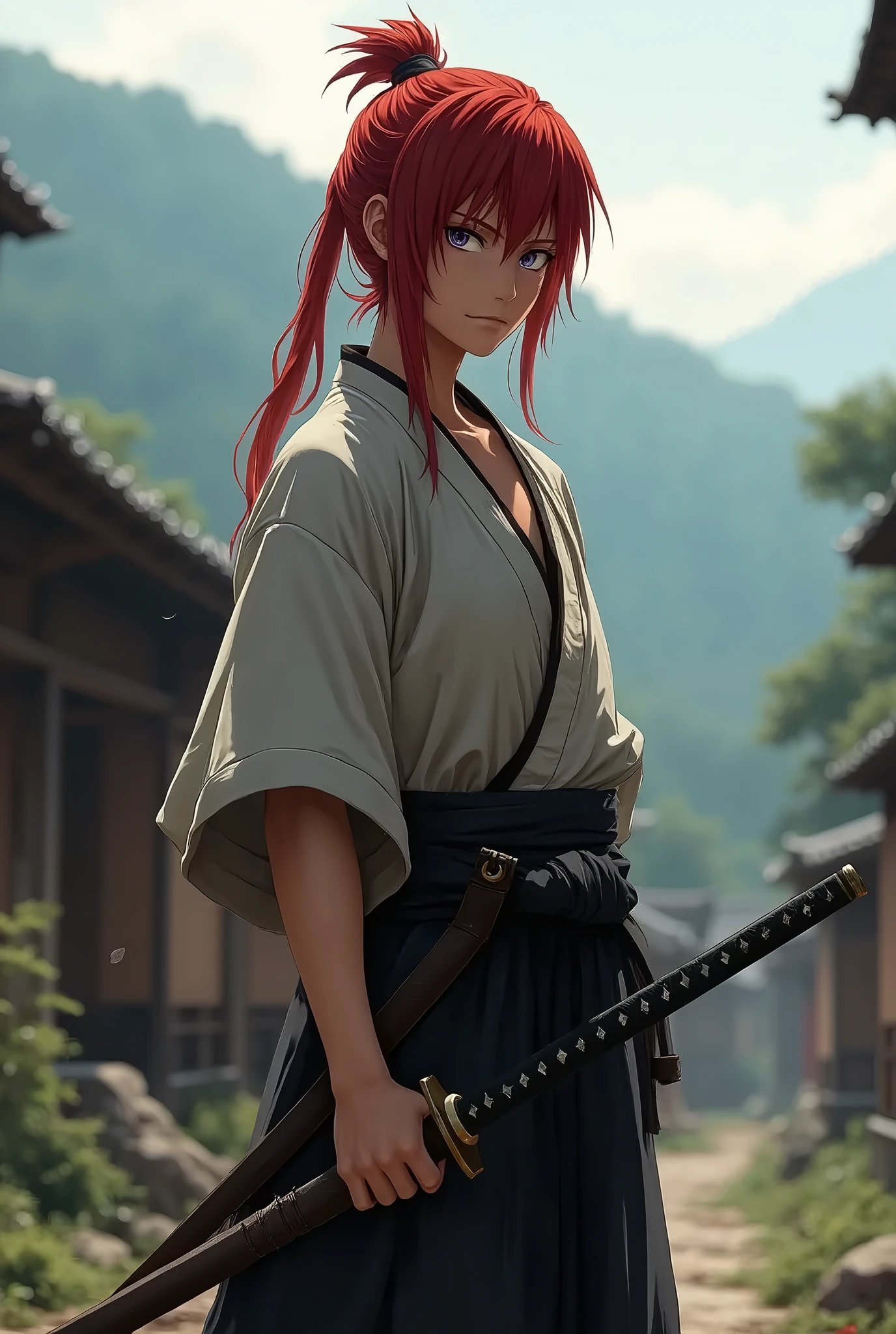 Design amazing postereatures kenshin as the protagonist "Rurouni Kenshin" In the heat of the moment. Capture the essence of his burning determination and indomitable spirit. For he unleashed his anger. Action with a perfect straight sword in hand , Keep it short, Bold, And strongly convey the raw power of Kenshin's anger. Long Hair, ponytail, Red Hair, white hakama, red kimono, cross sign on left cheek