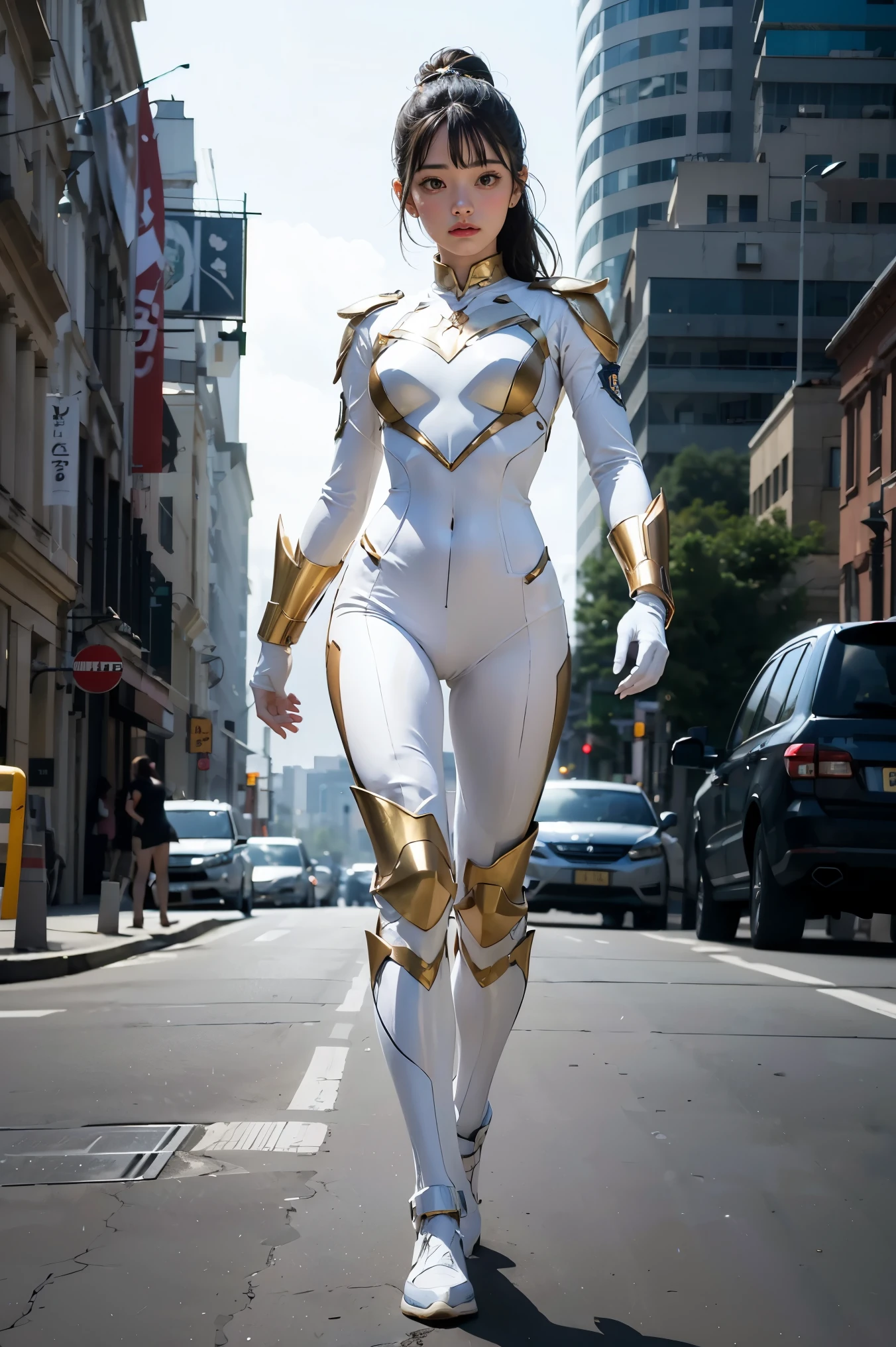 1girl, white, full body, Illustration, cinematic light, high resolution, best quality, ultra detailed, masterpiece, power suit, powerranger, suit, spd, (silver royal guard ranger suit), gold detail