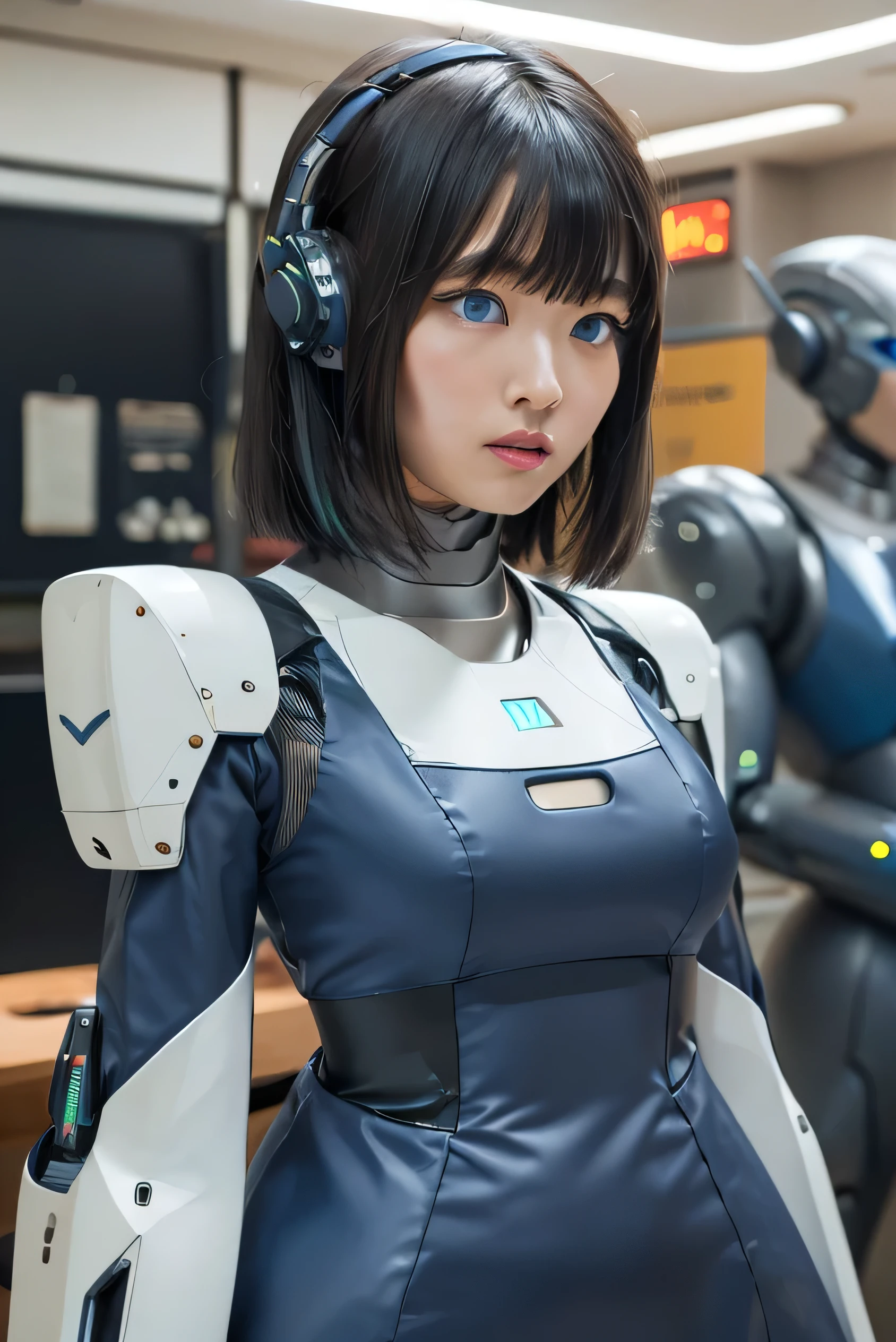 masterpiece, best quality, extremely detailed, Japanese android girl,Plump ,control panels,robot arms,robot,android,cyborg,black hair,ceramic body,perfect robotgirl,blunt bangs,blue dress,blue eyes