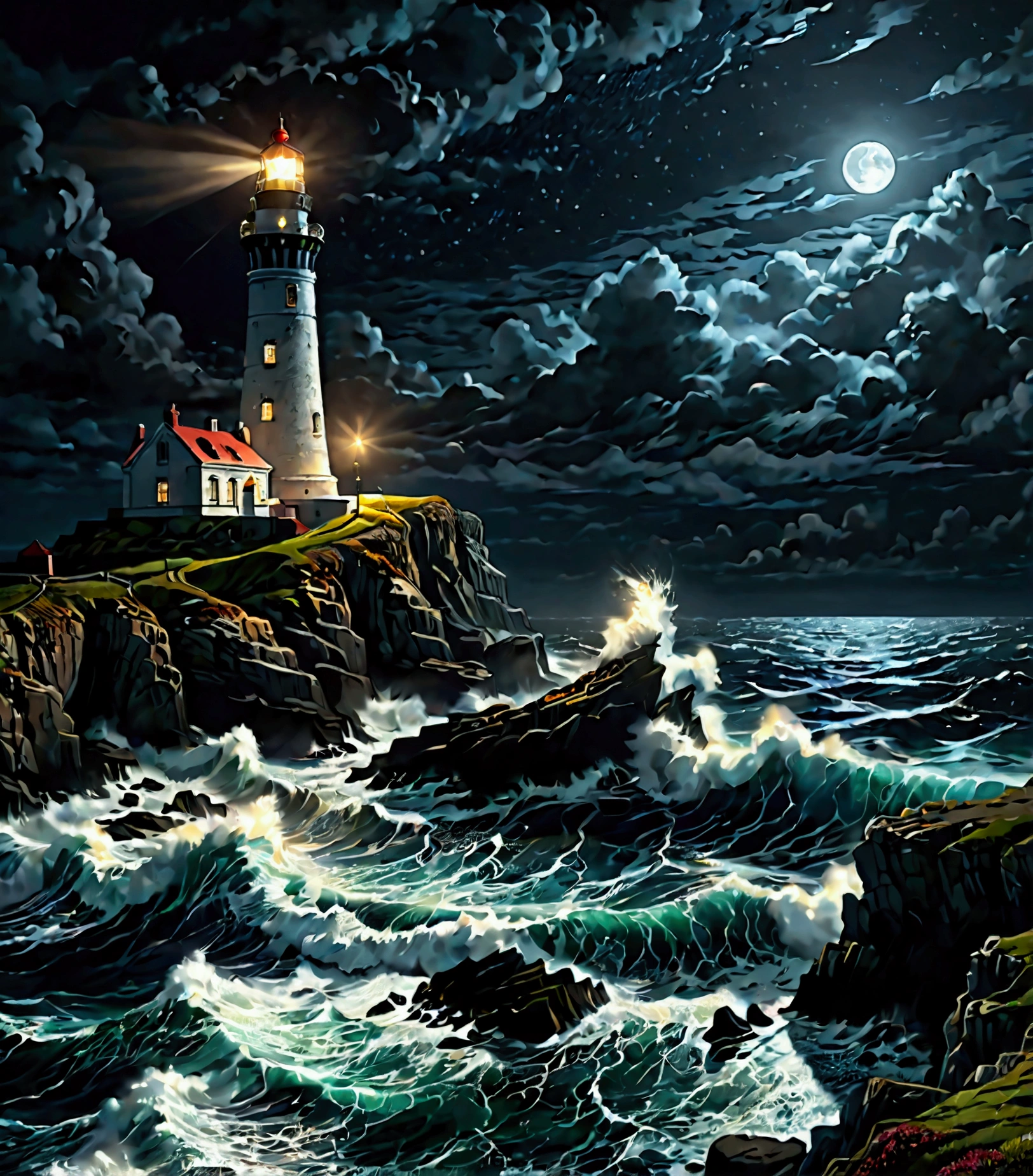 a rugged coastline at night, a towering lighthouse shining its beam across the dark ocean, wind-swept waves crashing against the rocks, a solitary figure standing on a moonless cape, dramatic lighting, melancholic atmosphere, highly detailed, photorealistic, 8k, masterpiece