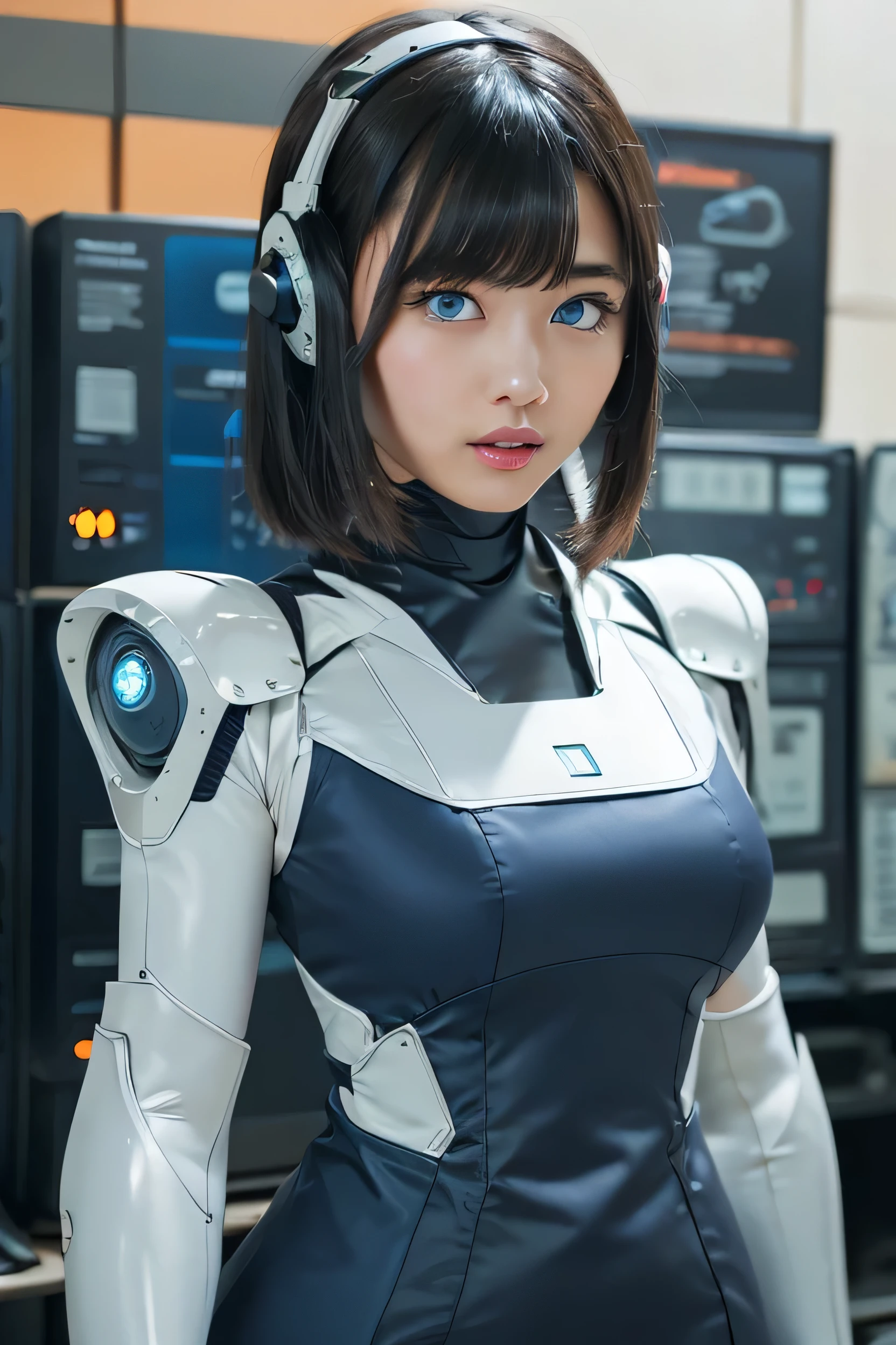 masterpiece, best quality, extremely detailed,8k portrait, Japanese android girl,Plump ,control panels,robot arms,robot,android,cyborg,white robot body,blunt bangs,robot repair plant,black knee high socks,rolling eyes