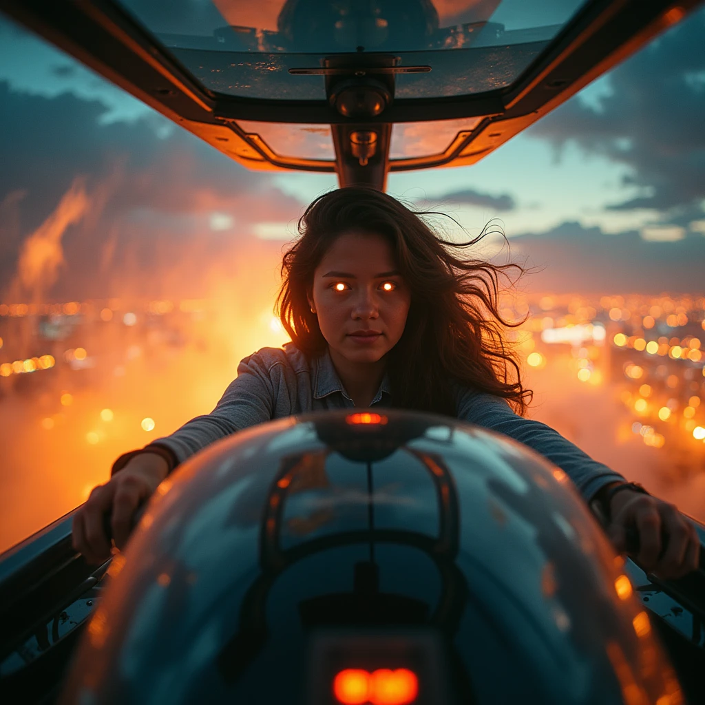 A dynamic close-up shot of a super-powered girl, her eyes glowing with energy, maneuvering a sleek, futuristic light ship in the sky. The ship is illuminated by the golden hour sunlight, casting a warm glow on her determined face. She is in a dynamic pose, hands gripping the controls, with the vast expanse of the sky and distant cityscape visible through the cockpit window. The composition is balanced, with the girl and ship at the center, framed by the glowing sky and city lights below. ultra detailed skin with pores, horizon, sharp light and shadows, neon lights. sci-fi, cyberpunk, cityscape, panorama, ray tracing, DSLR, UHD, 8k, photorealistic, masterpiece, award-winning