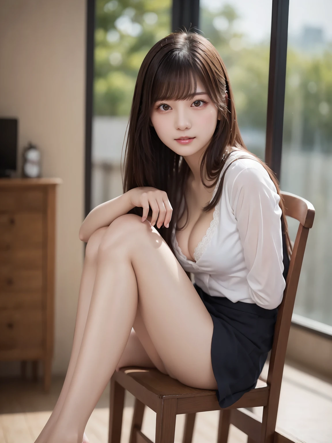 White Shirt、Complex and beautiful eyes、woman、(Bare legs, Beautiful legs : 1.5)、(stand up : 1.5)、Womanly black hair、(Delicate and realistic hair、1 bottle１Realistic hair)、bangs、Natural Color Lip、smile、((White indoor))、indoor、((18歳woman:1.******ung and adorable Japanese face, Official Art，Highly detailed CG Unity 8k wallpaper，（masterpiece:1.0),(Best Quality:1.0), 超High resolution,4K,Very detailed, photo shoot, 8k, nffsw, High resolution, Kodak Portrait 400, Film Grain, Lens flare glow,高いest quality,8k,nffsw:1.2),Portrait Shot,8k、Show Viewer, (((Front View))), ((Facing))、Body facing forward、Bold cleavage、Firm breasts、Small face, ((Bare legs))、Highest quality、Super beautiful images, yellow race