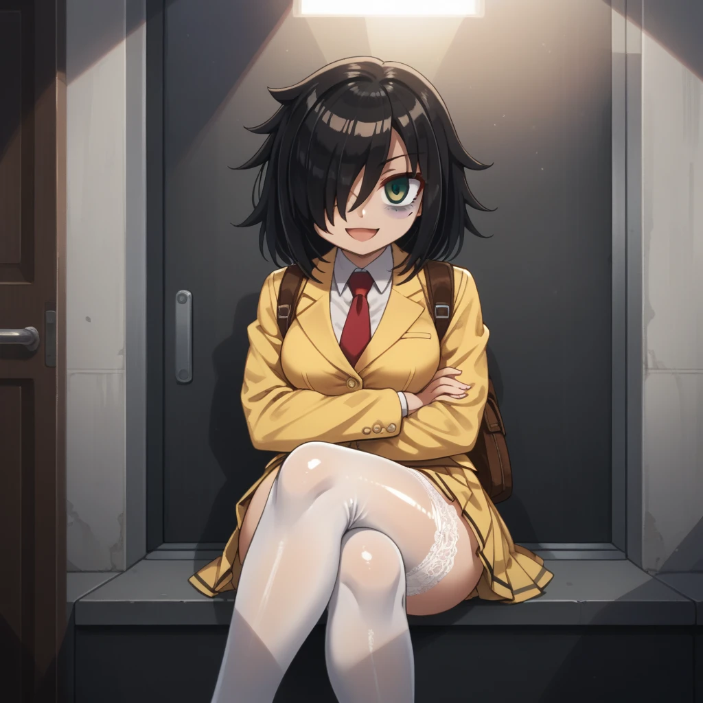 score_9, score_8_up, score_7_up,, solo, source_anime, tomokoxl, bags under eyes, hair over one eye black hair, medium hair, school uniform, red necktie, yellow skirt, short skirt, pleated skirt, yellow jacket, standing, cowboy shot, sitting, crossed legs, thick thighs, shiny skin, focus in crossed legs, underwear, white underwear, shiny underwear, lace underwear, white lace underwear, shiny lace underwear, panties, white panties, shiny panties, only crossed legs pose, sexy crossed legs, perfect crossed legs, sexy legs, big thighs, oiled thighs, oiled legs, smile, open mouth, glowing green eyes, evening time, dark room, breast, big breast, thigh highs, white thigh highs, lace thigh highs, high heels, black high heels, backpack, leather backpack, brown backpack, focus in crossed legs, focus in legs,