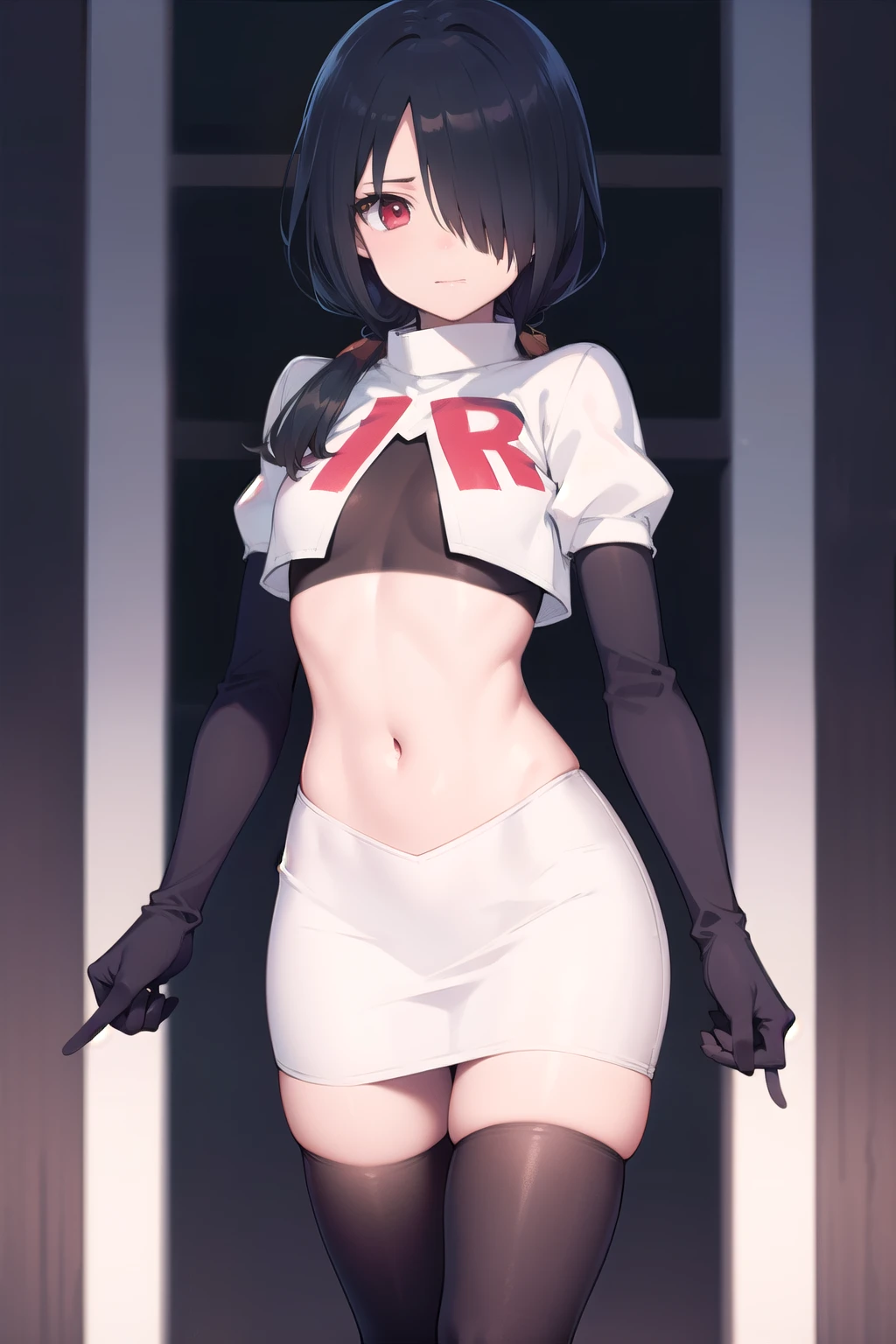 mai, 1girl, breasts, looking at viewer, short hair, blue eyes, black hair, hair ornament, bow-shaped hair, team rocket,team rocket uniform,white skirt,crop top,black thigh-highs,black elbow gloves,