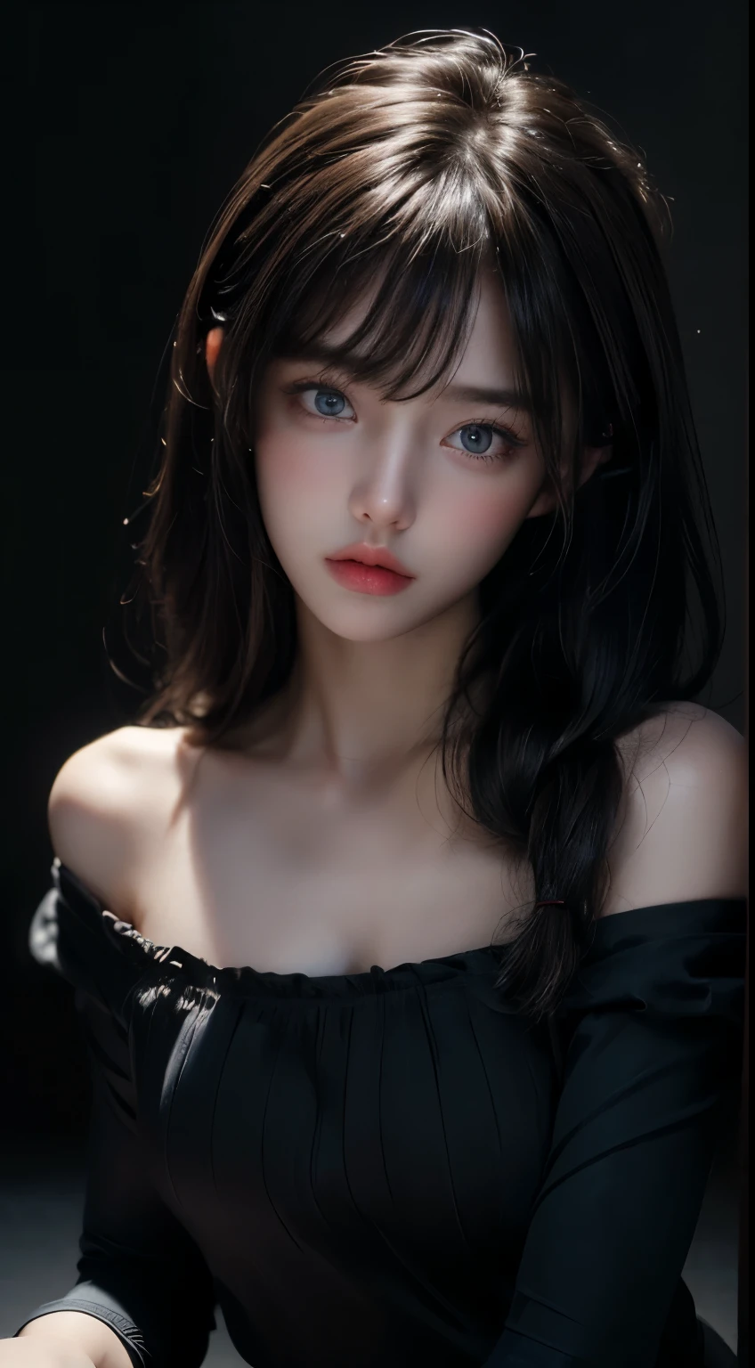 highest quality, masterpiece, perfect body beauty, cinematic lighting, black shirt, Highly detailed face and skin texture, fine eyes, perfect face, looking at the viewer, ((dark background)), open mouse, straight bangs, ((exposed cleavage))、small breasts