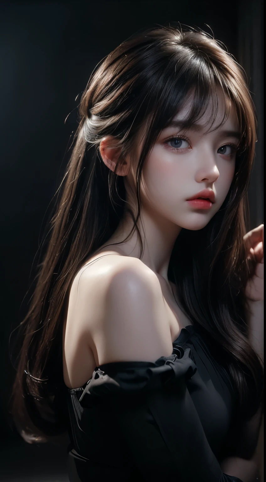 ((Best Quality, 8K, Masterpiece: 1.3)),((Hasselblad photo)), finely detailed skin, clear focus, (cinematic lighting), soft lighting , Beautiful Woman , (Random Hairstyle: 1.2), Ultra-detailed face, , Glossy skin, Bangs, big boob , Exposed cleavage, blue Eyes, ((Dark background)), looking at viewer, off shoulder, black sweater, sharp face, open mouse, long bang,