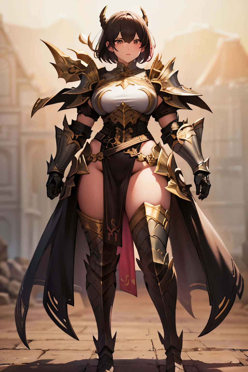  Asian girl ,full body ,muscular,large breasts,dark,final waist,thick thighs,short hair,olhos brights,confrontation,Black boots,heat,white skin ,pink, bright, medieval armor,shoulder pads,details in gold,concept art style,front view
