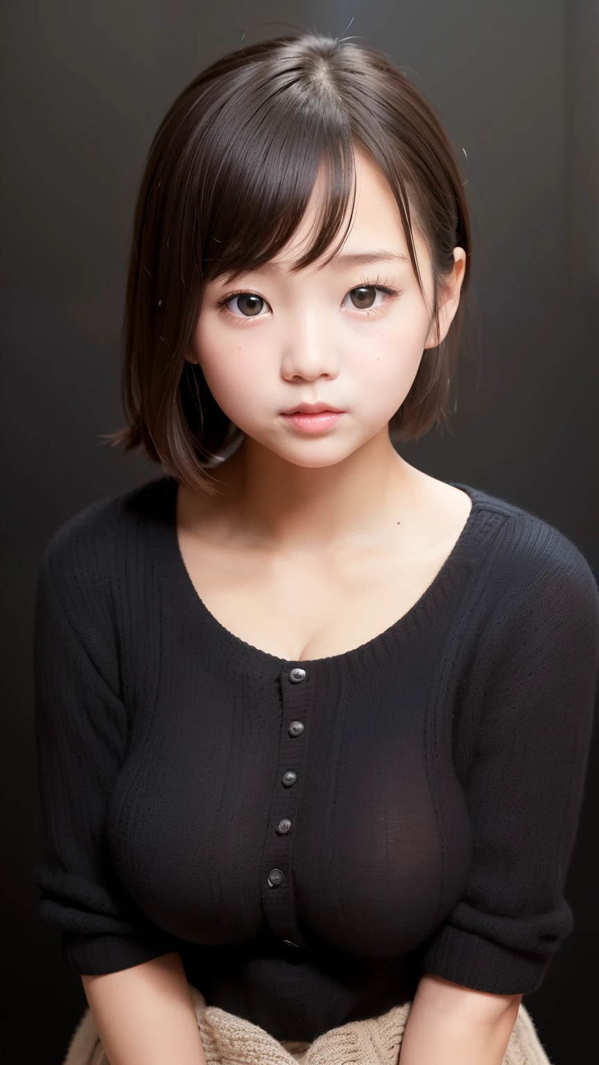 (Face image:1.25), , (cute:1.5), (baby face:1.4), (Round face:1.6), One Japanese woman, Beautiful girls, Beautiful Face, (Short straight hair)、(Big Breasts:1.4), ( viewers), ( standing facing the camera ), (Laughter), (knit)、(black background:1.6)