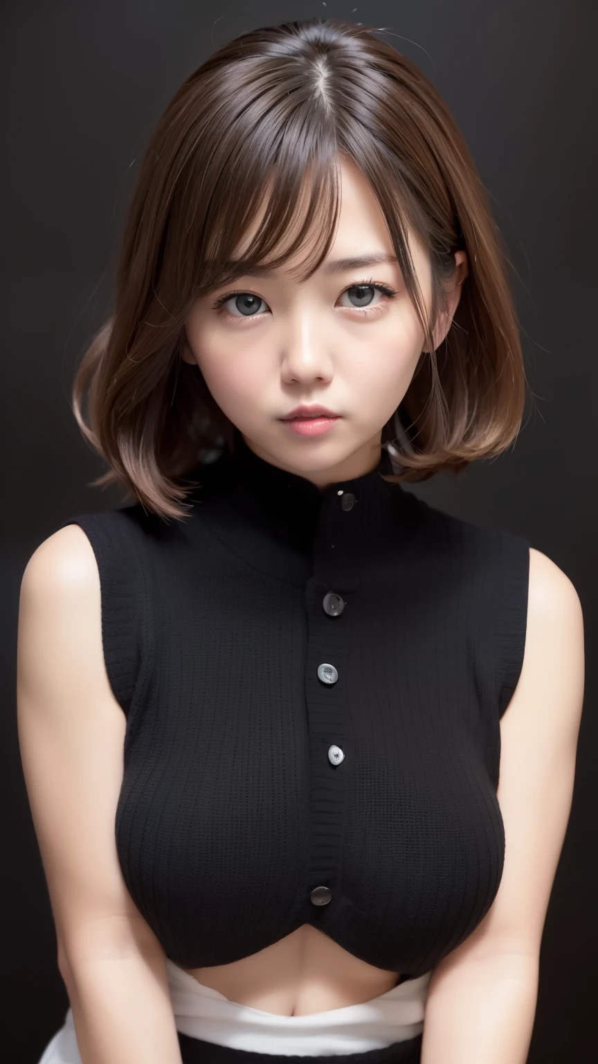 (Face image:1.25), , (cute), (baby face), (Round face), One Japanese woman, Beautiful girls, Beautiful Face, (Short straight hair)、(Big Breasts:1.4), ( viewers), ( standing facing the camera ), (Natural Mouth)、(pout)、(Sailor suit)、(Knitted vest)、(black background:1.6)