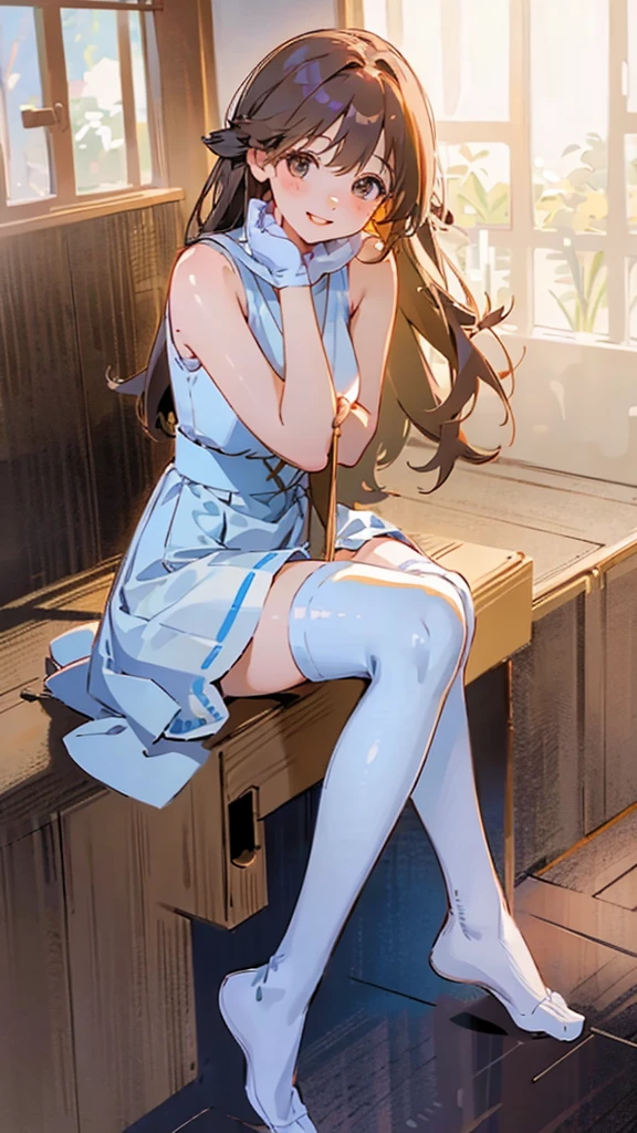 20 years old anime girl, with short dark blue hair to the shoulders, a serious yet tender expression, and bright light blue eyes. She dresses in an antique style, wearing a long dark blue skirt that reaches her knees, and small dark brown boots up to her ankles. Her white blouse is long-sleeved, covering her fingers slightly, and falls off one shoulder, leaving it exposed. She possesses water powers and has a water-themed background. 