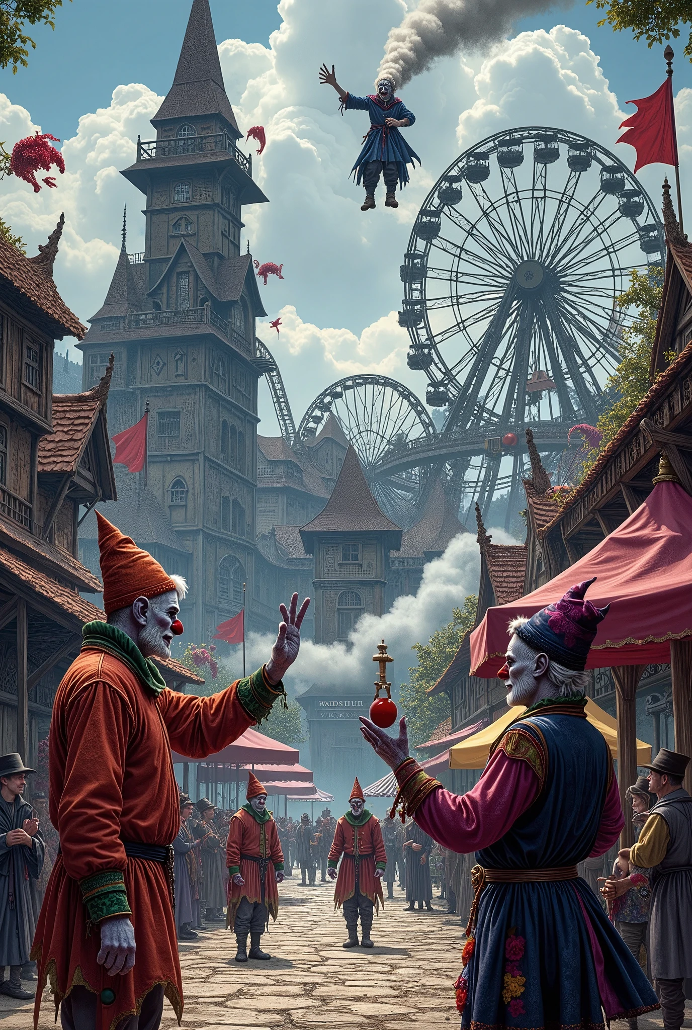 (Ultra-detailed face, Looking away, Fantasy Illustration with Gothic, Dark tone colors.), BREAK 
(This is an amusement park in a fantasy world where medieval Eastern European-style magic exists. The amusement park's attractions are all huge: a wooden roller coaster that reaches into the clouds and cannot be seen, a Ferris wheel that reaches into the clouds, endless screaming machines, a merry-go-round with a horse doll as big as a statue attached, a playground with a cup as big as a house that spins, a giant balloon that A giant balloon can be seen.), BREAK 
(Large, fat, middle-aged men in garishly colored clown costumes juggle and perform acrobatics. An old big man dressed as a blue-skinned macho lamp nymph floating in a cloud of smoke welcomes you with a smile.)