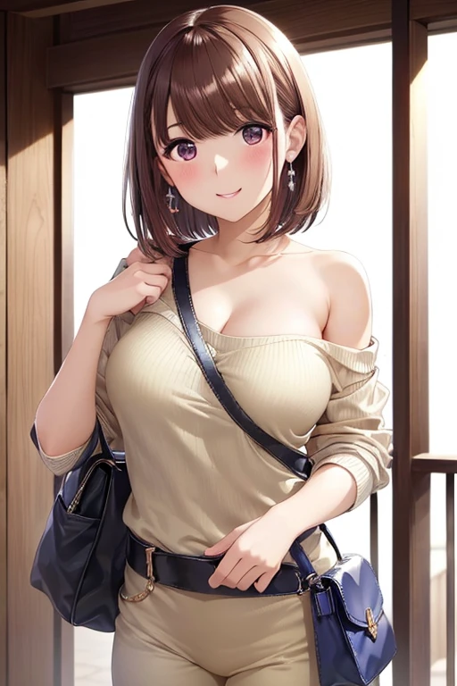 Negasaki Nene、 shiny maroon hair , short hair , ( brown pretty eyes 、Sparkling eyes, Fine grain)、smile、Ultra-detailed eyes、 very detailed face,  very detailed eyes ,, cowboy shot、
(Best Quality, masterpiece:1.2), 非常に high res,  high res,
Only for women、Best Quality、Best Quality、



stylish,  tight knit sweater , Cut your chest ,  shoulder bag , (( shoulder bag のベルトが胸の谷間に挟まれている)),  breasts are highlighted by a belt digging into her cleavage