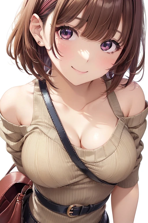 Negasaki Nene、 shiny maroon hair , short hair , ( brown pretty eyes 、Sparkling eyes, Fine grain)、smile、Ultra-detailed eyes、 very detailed face,  very detailed eyes ,, cowboy shot、
(Best Quality, masterpiece:1.2), 非常に high res,  high res,
Only for women、Best Quality、Best Quality、



stylish,  tight knit sweater , Cut your chest ,  shoulder bag , (( shoulder bag のベルトが胸の谷間に挟まれている)),  breasts are highlighted by a belt digging into her cleavage