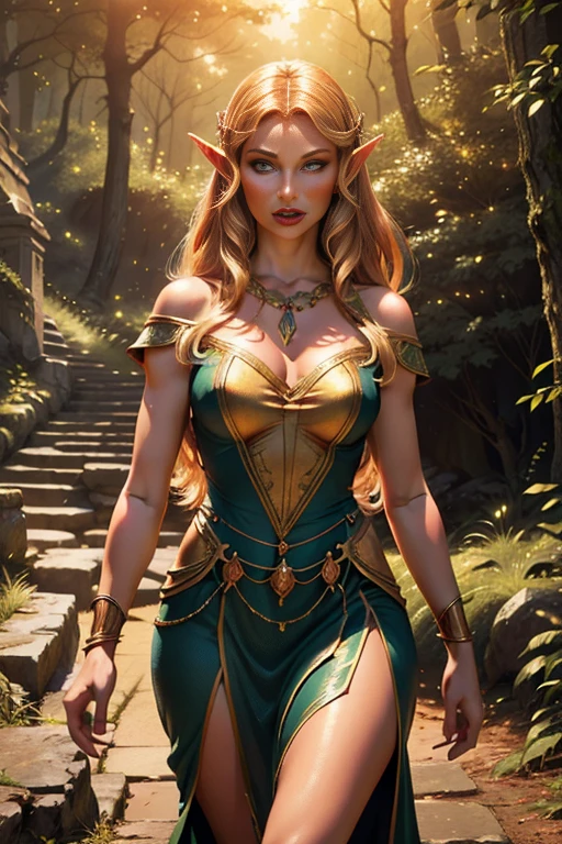 A beautiful and arrogant young elven princess named Crystal, 1girl, princess, elf, detailed face and eyes, long eyelashes, elegant dress, walking in a lush forest near her palace, curious expression, encountering a human trespasser in the woods, (best quality,4k,8k,highres,masterpiece:1.2),ultra-detailed,(realistic,photorealistic,photo-realistic:1.37),fantasy, intricate details, dramatic lighting, warm color tones, cinematic composition