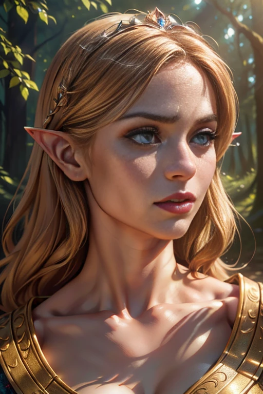 beautiful detailed eyes, beautiful detailed lips, extremely detailed eyes and face, longeyelashes, 1girl, princess, elf, elegant dress, lush forest, palace, curious expression, human trespasser, (best quality,4k,8k,highres,masterpiece:1.2),ultra-detailed,(realistic,photorealistic,photo-realistic:1.37),fantasy,intricate details,dramatic lighting,warm color tones,cinematic composition