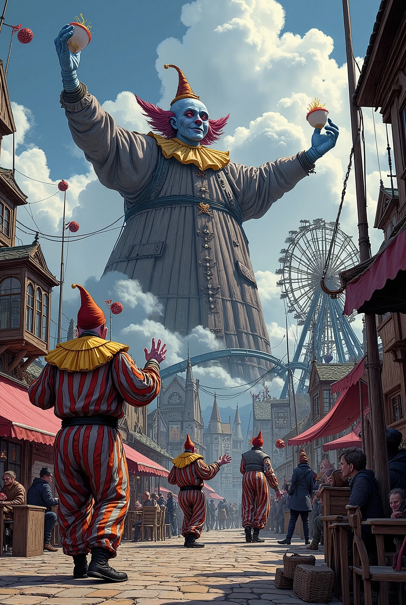 (Ultra-detailed face, Looking away, Fantasy Illustration with Gothic, Dark tone colors.), BREAK 
(This is an amusement park in a fantasy world where medieval Eastern European-style magic exists. The amusement park's attractions are all huge: a wooden roller coaster that reaches into the clouds and cannot be seen, a Ferris wheel that reaches into the clouds, endless screaming machines, a merry-go-round with a horse doll as big as a statue attached, a playground with a cup as big as a house that spins, a giant balloon that A giant balloon can be seen.), BREAK 
(Large, fat, middle-aged men in garishly colored clown costumes juggle and perform acrobatics. An old big man dressed as a blue-skinned macho lamp nymph floating in a cloud of smoke welcomes you with a smile.)