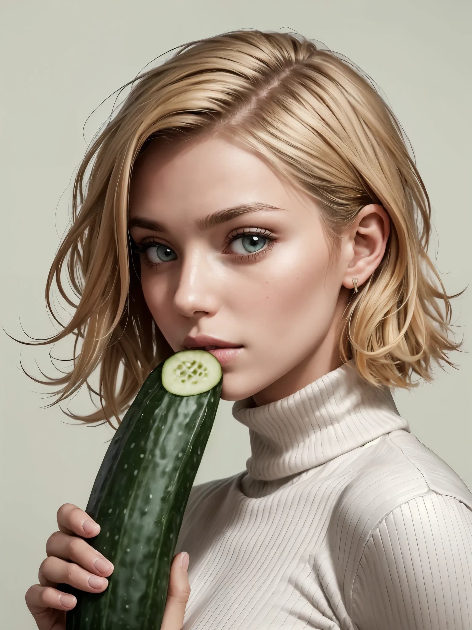 girl, kissing cucumber, cucumber, detailed cucumber, lips pressed passionately, looking at viewer, detailed skin, straight hair, turtleneck shirt, simple background, surreal, feminine expressions, intimacy, affection, from side, blonde hair, innocent, high resolution, artwork, best quality, high and intricate details, highly detailed, sharp focus, realistic skin texture,