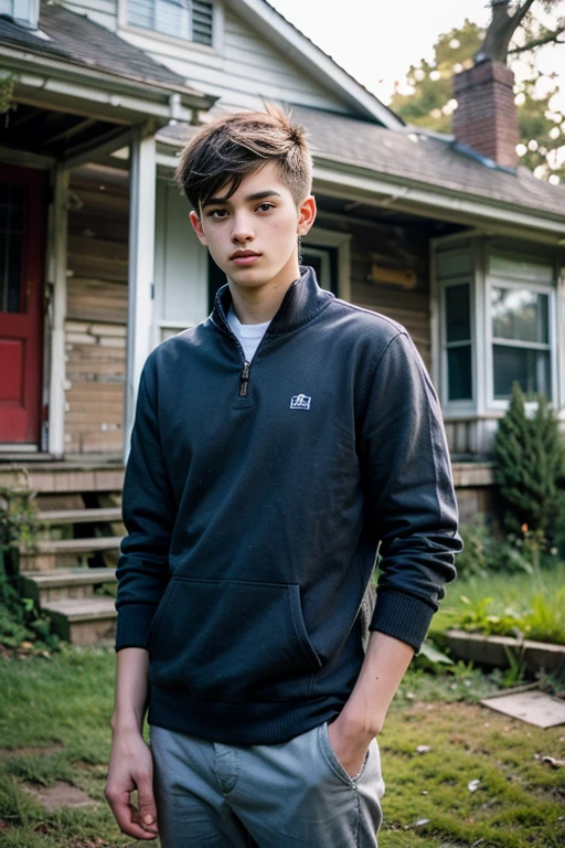 handsome teenage In front of an abandoned house