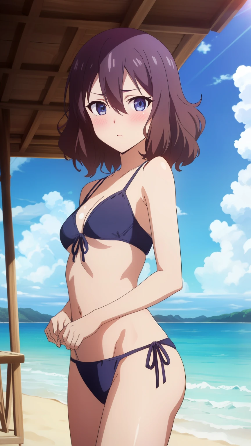purple hair, purple eyes, 1 girl,alone, (perm hair:1.2), (hair between eyes:1.4), (mature face:1.3), sulky look, (nffsw, swimsuit, sexy pose, beach, blush),
beautiful finger, beautiful long legs, Beautiful body, beautiful character design, perfect eyes, Perfect face, expressive eyes, looking at the viewer, sexy pose, in the center of the image, High Definition CG Unity, Perfect lit, bright_front_face_lit, (Highest_quality:1.0),(anime), Super detailed, photograph, 8K, nffsw, High resolution, absurdes:1.2, kodak portrait 400, film grain, Lens flare, (lively_Farbe) (beautiful_small breasts:1.1), (beautiful_face:1.2),(narrow_waist), (cowboy shot:1.2),