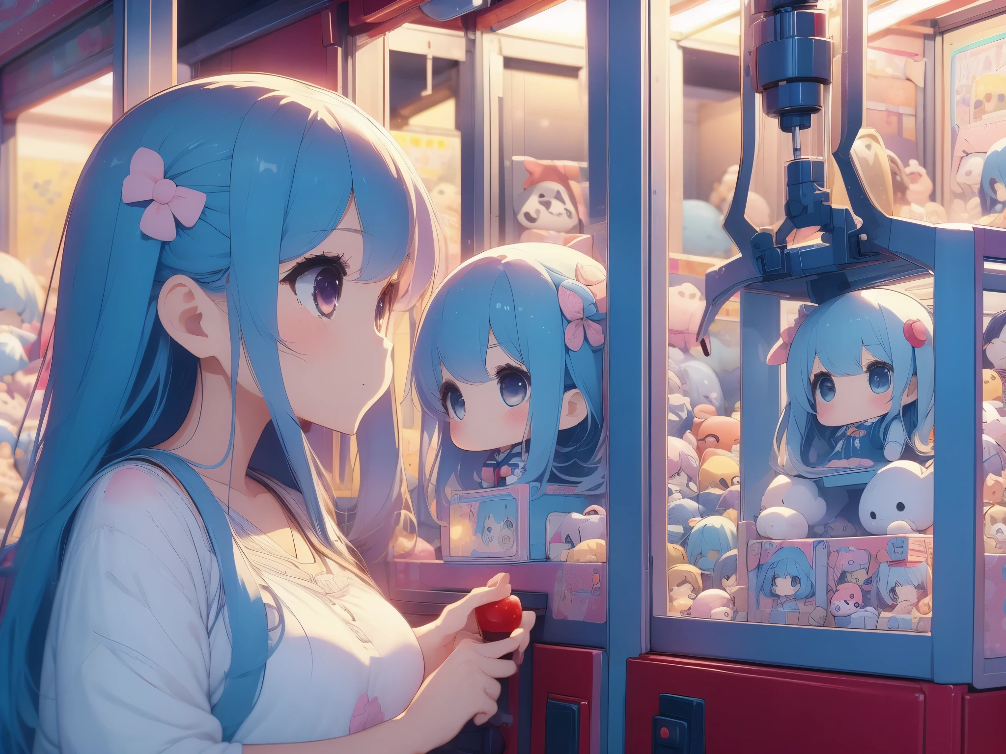 Crane games、 operating a stick in front of lots of stuffed animals、smile、 long light blue hair 、Twin-tailed Girl, Cute Costumes、Cute realistic portrait,, change, Cute, colorful and adorable ,  cute girl , Cute artwork, 