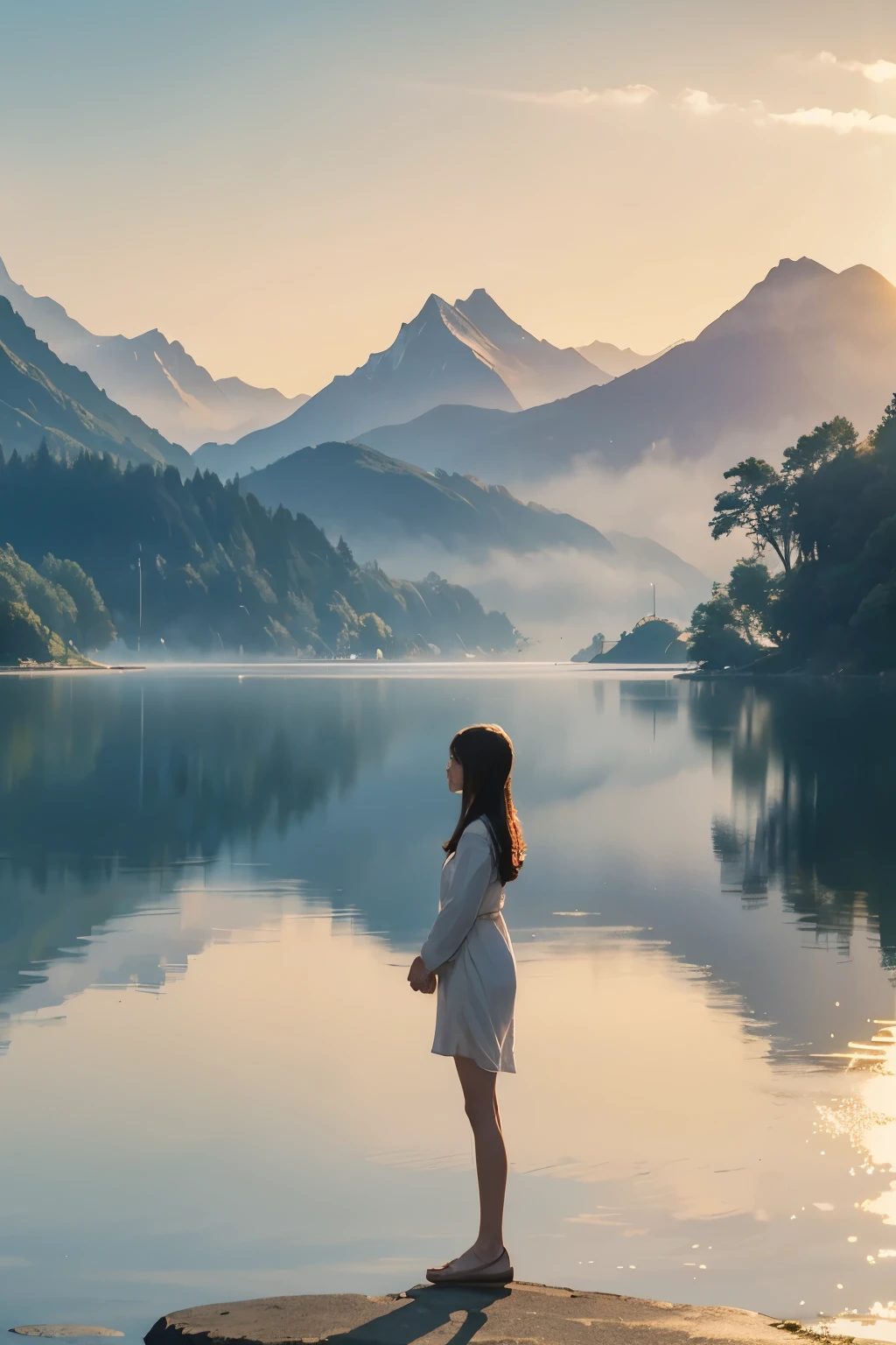 girl,lakeside,waterfront,serene,reflection,mountains,sunrise,beautiful,harmonious,scenery,ethereal,fantasy,soft brushstrokes,dreamlike,impressionistic,vibrant colors,subtle lighting,hazy atmosphere,solitude,silhouette,warm hues,relaxation,meditation