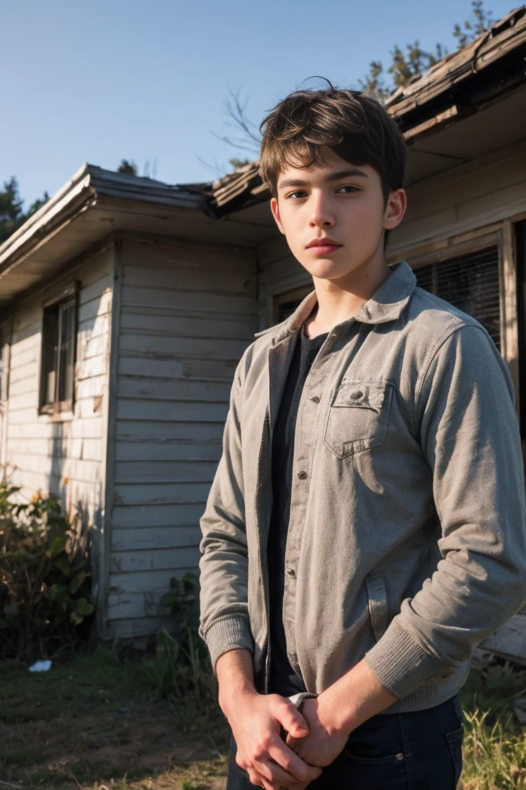 handsome teenage In front of an abandoned house