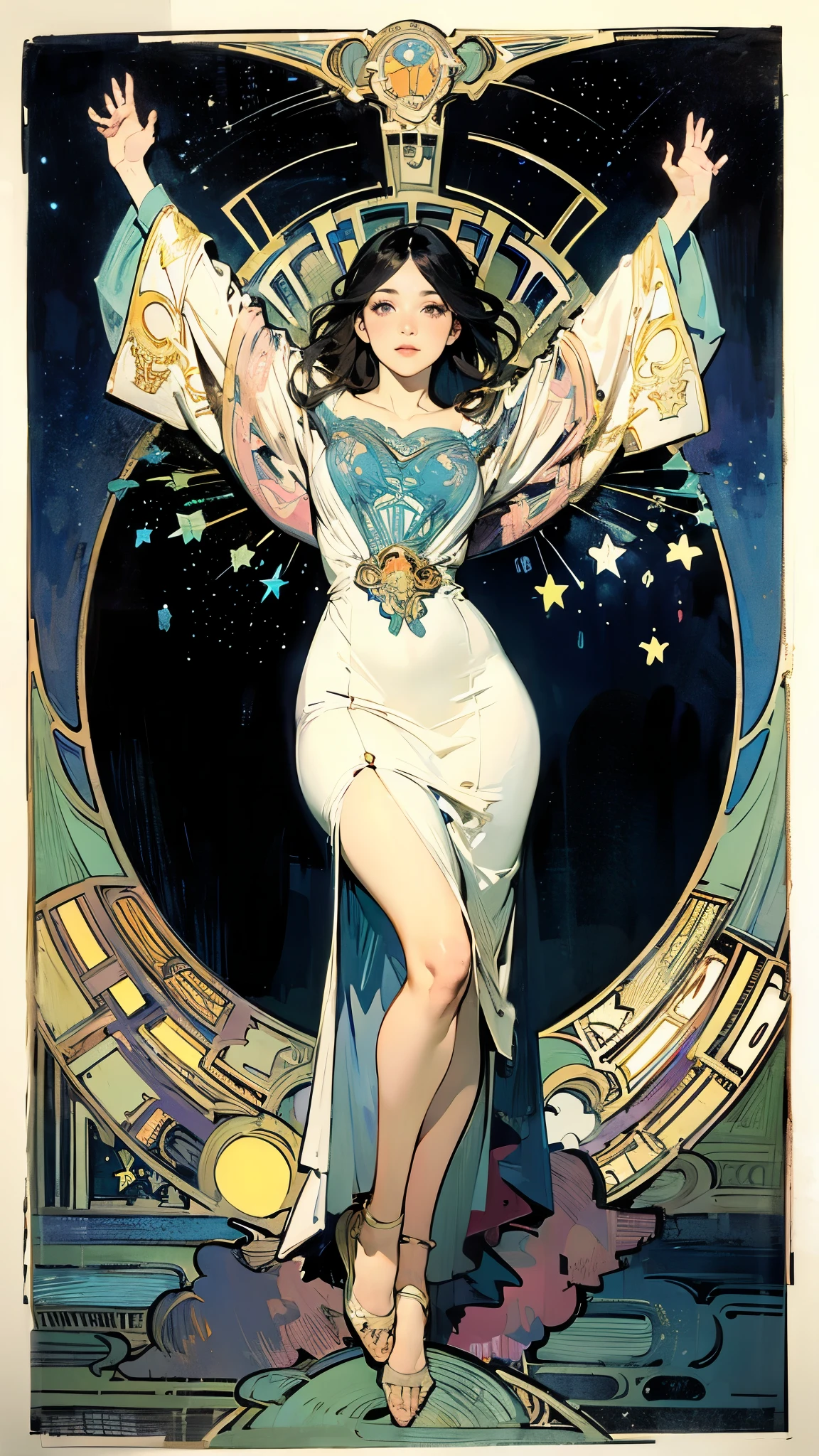 Detailed Background、Alphonse Mucha style、Art Nouveau、The Truth of the Universe、Starry Sky、Night sea、masterpiece、Best Quality、Highest quality、Careful line drawing、Vintage Color、colorful、 anatomically correct、 depth of written border 、Flat Shading、whole body、With open arms、Blank look、 perfect face、Black Hair、Gorgeous party dress in natural colors
