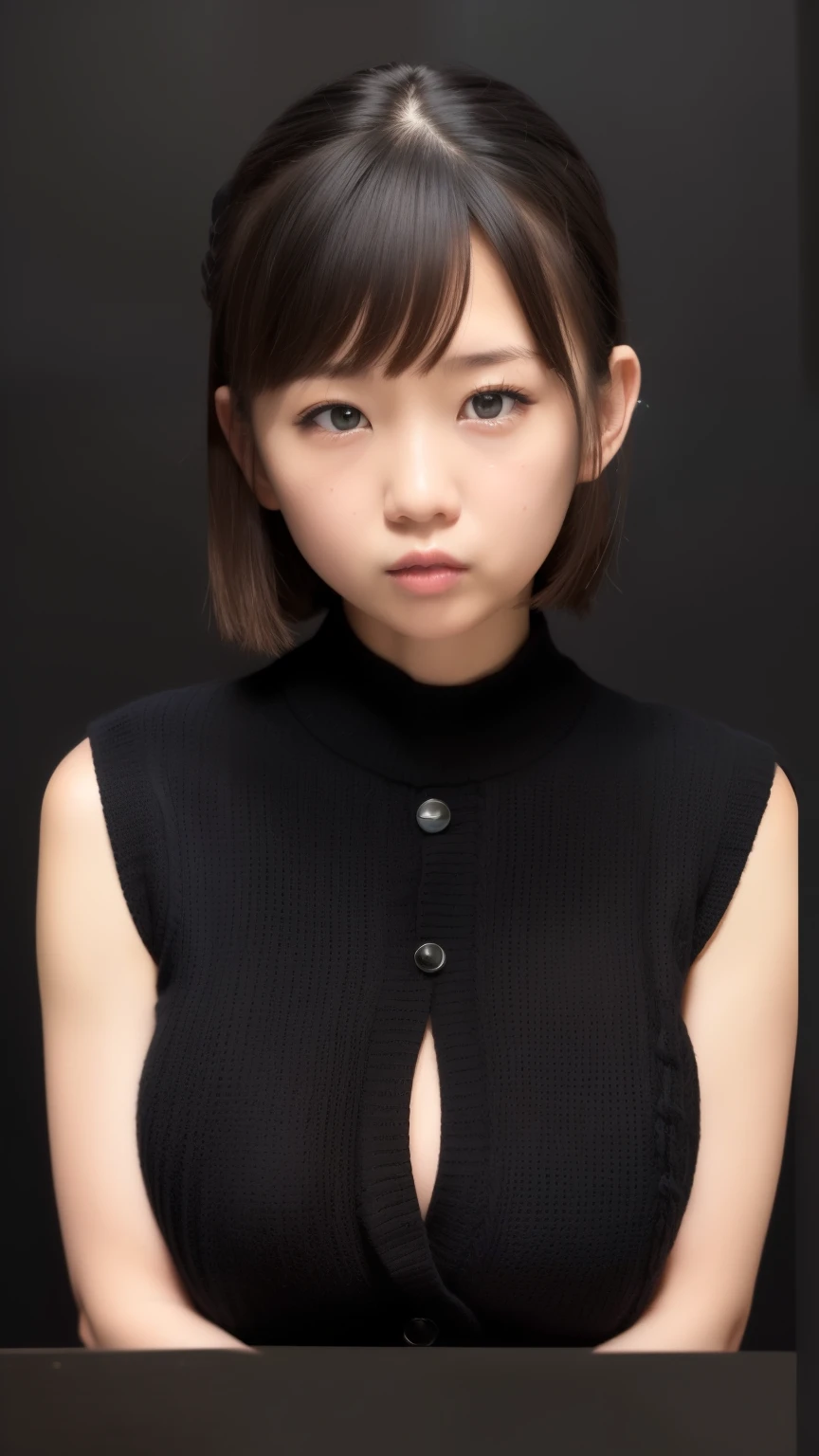 (Facial image:1.25), , (cute), (baby face), (Round face), One Japanese woman, Beautiful girls, Beautiful Face, (Short Straight Hair)、(Big Breasts:1.4), ( Viewers), (  standing facing the camera  ), (Natural Mouth)、(Pouting)、(Sailor suit)、(Knit vest)、(black background:1.6)