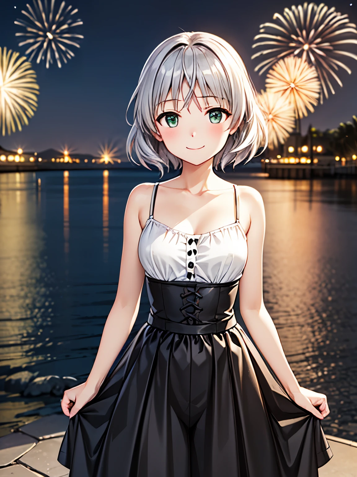 Best Quality, Very high quality, Sanya V. Litvyak、1 person, Alone、Silver Hair、 very detailed face、smile、Closed Mouth,sea、beach、sea岸、night、綺麗なnight空、(firework,night空に咲く大輪のfirework:1.2)、 absolute reference to the center、(Dress,Long skirt:1.5)、4Ｋ，8Ｋ,(Genuine、Genuine志向、写真Genuine志向:1.2）、 high res、超 high res、超 high resの絵画、 cowboy shot、