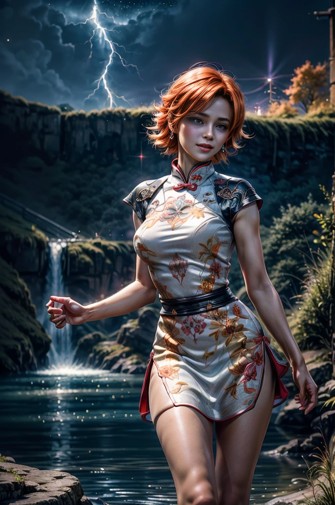 1girl,cowboy shot, beautiful (nora_valkyrie), looking at viewer, smiling, lips, short hair, blue eyes, orange hair, hoop earring, floral print qipao Dress, black nail, night, stars, standing, in a field, waterfall in the background, river, lightning strikes, best quality, masterpiece, intricate details, tonemapping, sharp focus, hyper detailed, masterpiece, elegant face, beautiful face, highly detailed skin, skin pores, subsurface scattering, realistic pupils, full lips, detailed background, depth of field, atmospheric perspective, volumetric lighting, sharp focus, absurdres, realistic proportions, good anatomy, (realistic, hyperrealistic:1.4), 16k hdr,