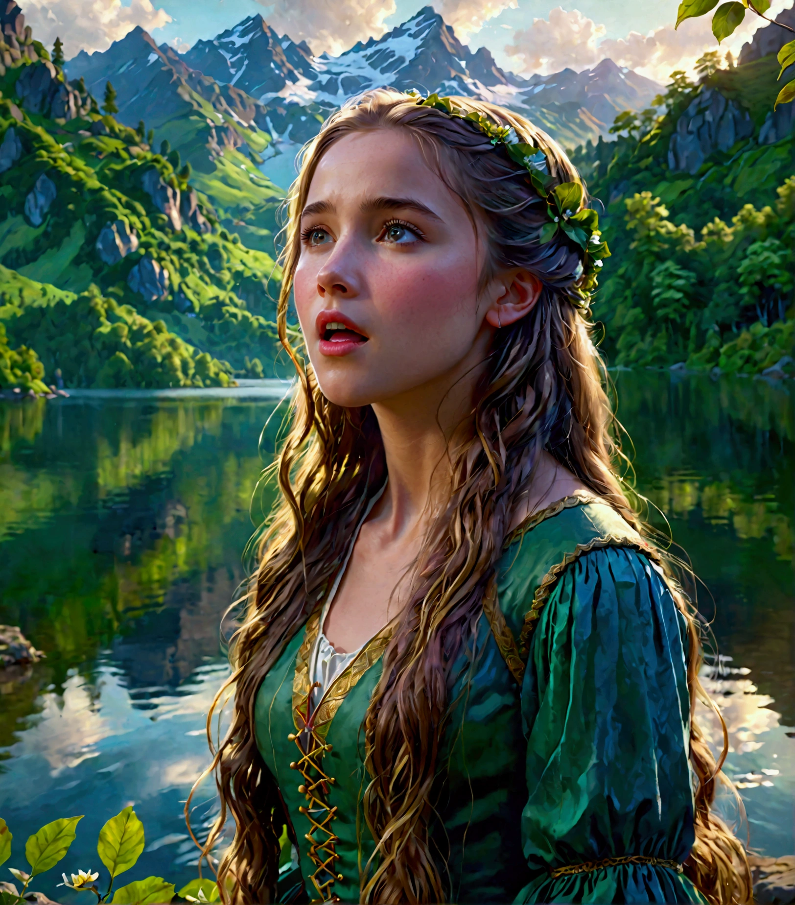 a beautiful girl singing by a lake, detailed portrait, detailed facial features, long hair, peaceful expression, lake with mountains in the background, serene landscape, lush greenery, dramatic lighting, cinematic atmosphere, vibrant colors, muted color palette, masterpiece, hyperrealistic, cinematic, concept art