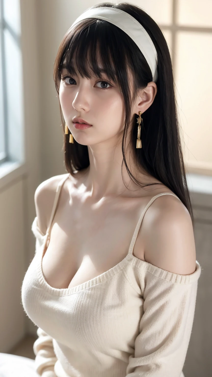 hight resolution、​masterpiece、1girl in、Bjorf、A dark-haired、short hair with long locks、white hairband、Look up、Kamimei、bending forward、Bring your face closer、Red Eyes、Gold Earrings、Jewelry、off shoulders、Red Sweater、long-sleeve, ((look at viewer)), (big breast:1.3), medium shoulder, cleavage, (pale skin:1.2)