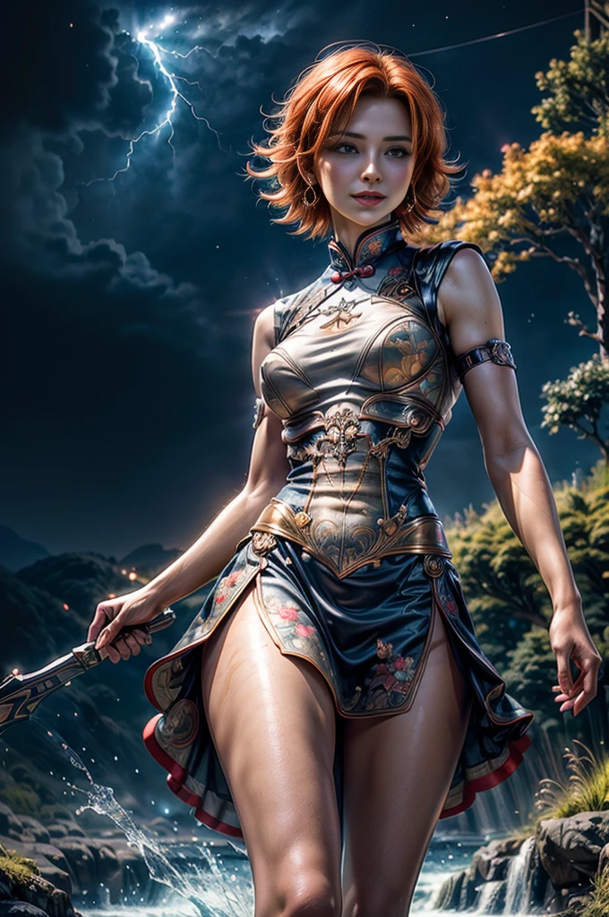 1girl,cowboy shot, beautiful (nora_valkyrie), looking at viewer, smiling, lips, short hair, blue eyes, orange hair, hoop earring, floral print qipao Dress, black nail, night, stars, walking in a field, waterfall in the background, river, lightning strikes, best quality, masterpiece, intricate details, tonemapping, sharp focus, hyper detailed, masterpiece, elegant face, beautiful face, highly detailed skin, skin pores, subsurface scattering, realistic pupils, full lips, detailed background, depth of field, atmospheric perspective, volumetric lighting, sharp focus, absurdres, realistic proportions, good anatomy, (realistic, hyperrealistic:1.4), 16k hdr,